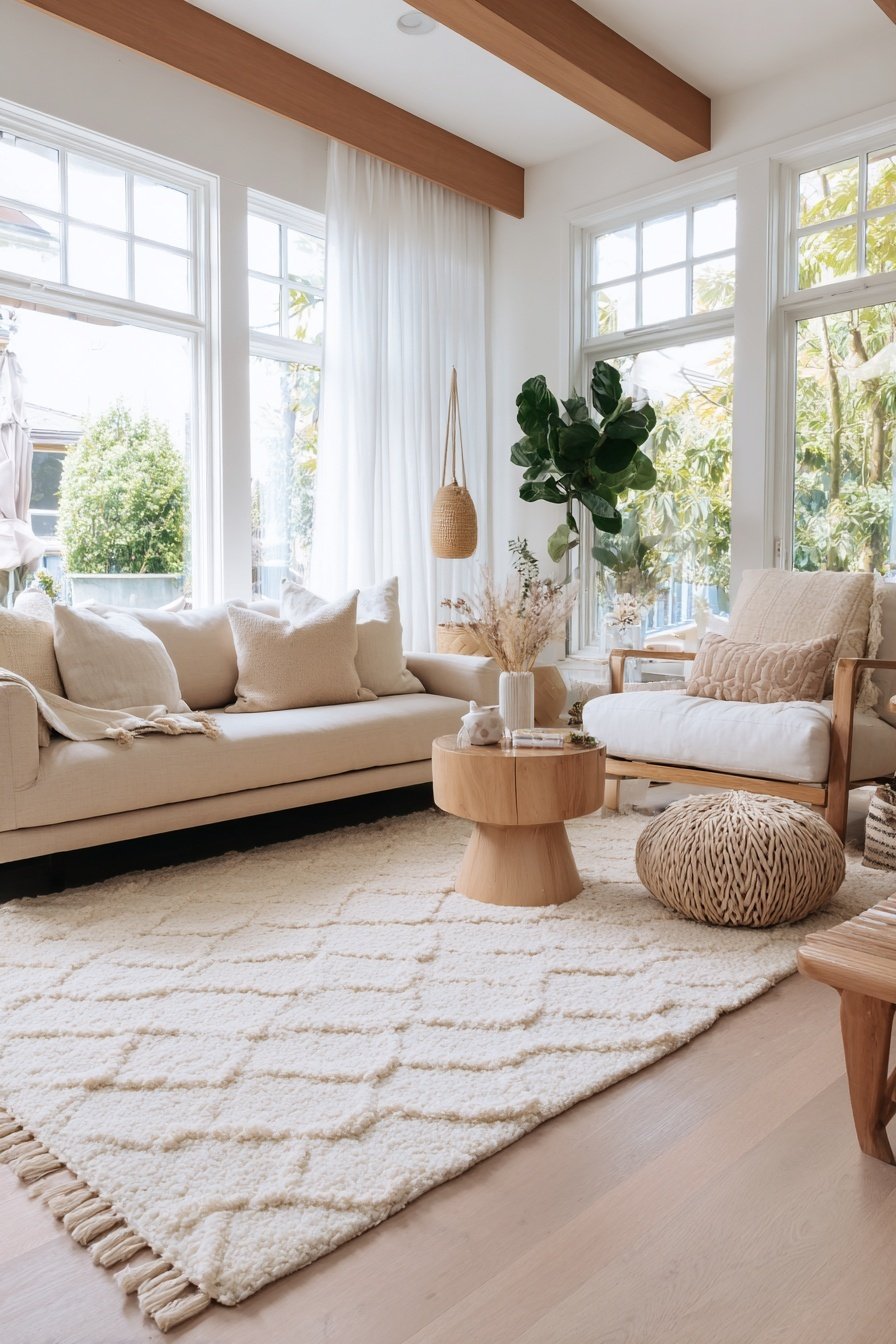 Lichtdurchflutetes, schmales Wohnzimmer mit Naturtönen und minimalistischer Einrichtung