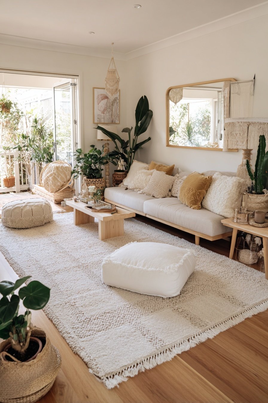 Gemütlich eingerichtetes schmales Wohnzimmer mit vielen Pflanzen, Naturmaterialien und heller Farbgestaltung