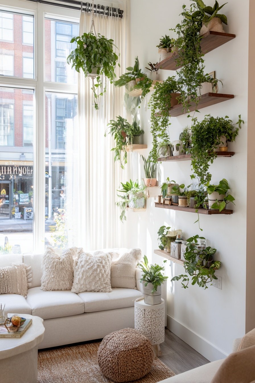 Helles Wohnzimmer mit vielen Zimmerpflanzen auf Wandregalen und gemütlichem Sofa