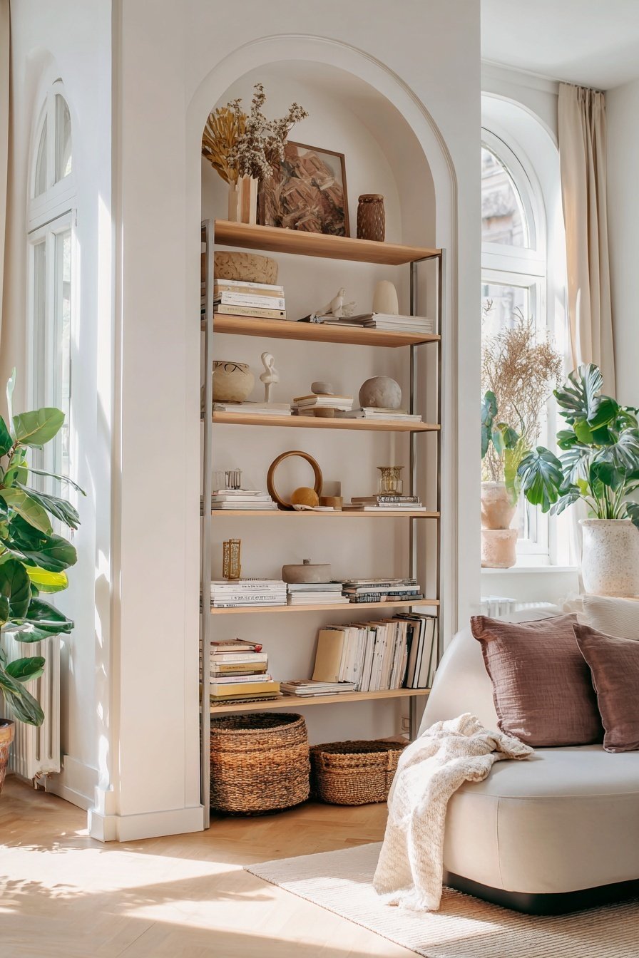 Ein schmaler Wohnbereich mit eingebautem Regal, Sofaecke und vielen Pflanzen