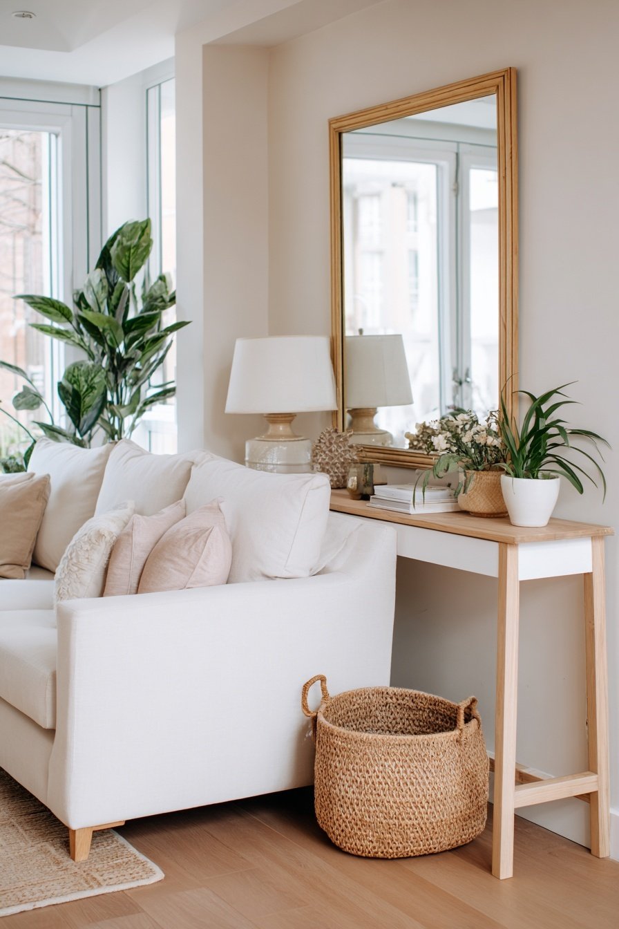 Helles, schmal geschnittenes Wohnzimmer mit Sofa, großem Spiegel, Pflanzen und Sideboard