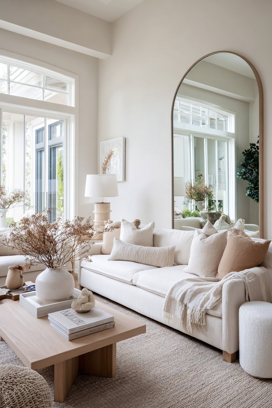 Helles, schmal geschnittenes Wohnzimmer mit Sofa, großem Spiegel und natürlichen Deko-Elementen