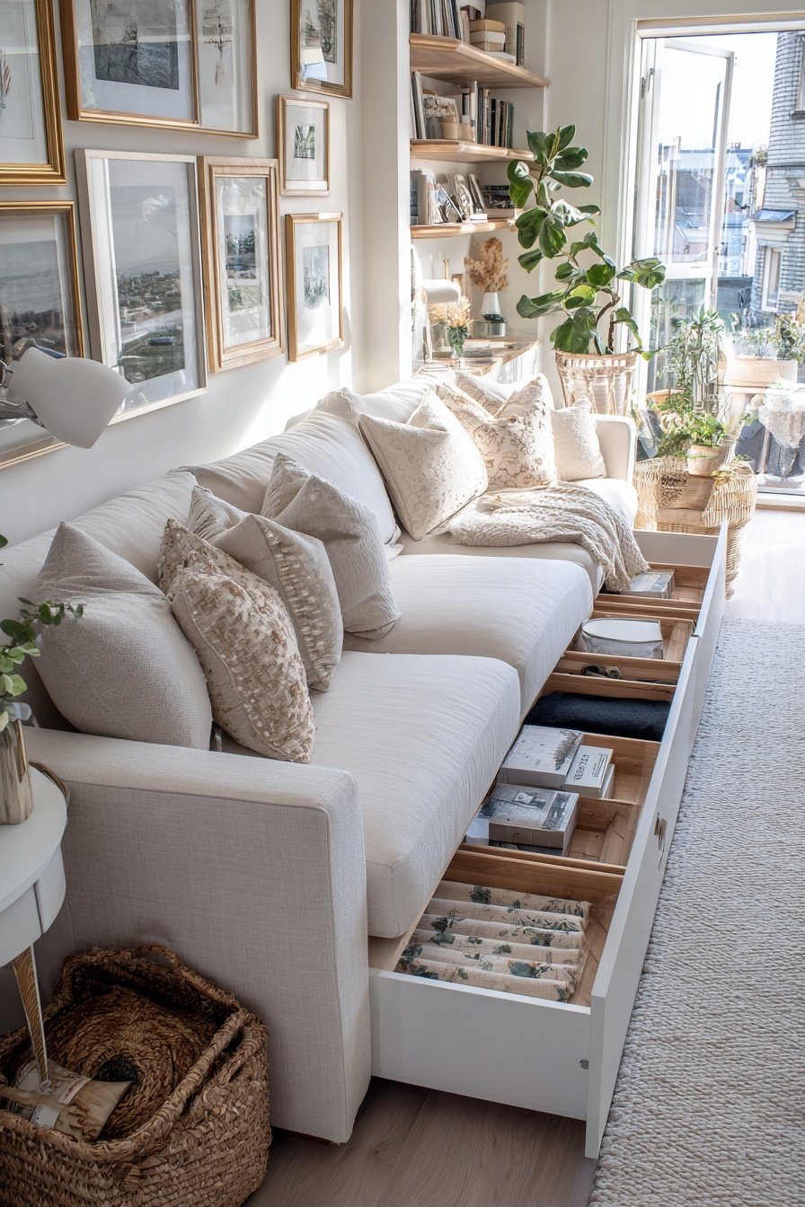 Schmales Wohnzimmer mit heller Couch, Schubladen unter dem Sofa und Wandbildern