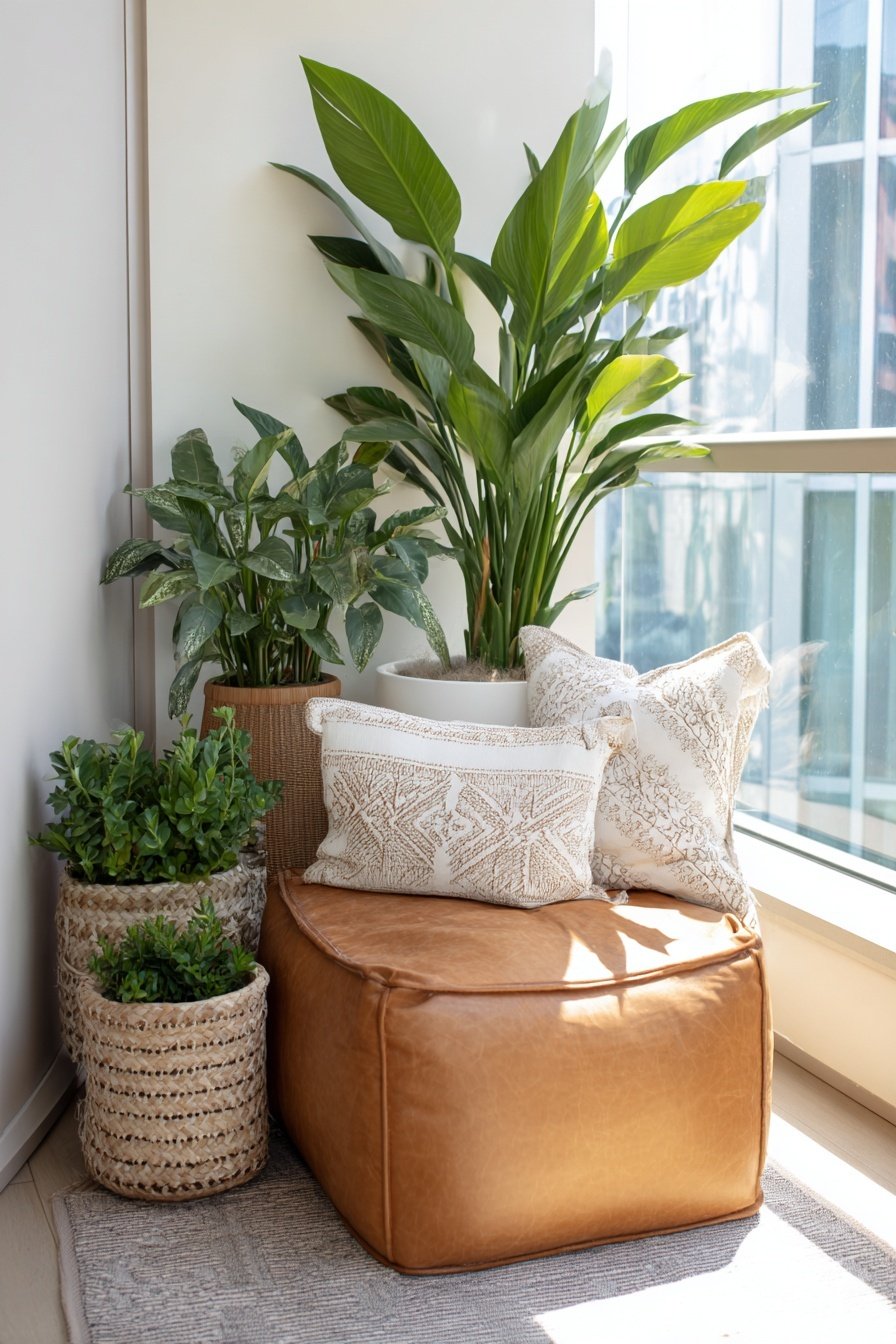 Sitzecke mit Lederpouf, Zierkissen und üppigen Grünpflanzen am sonnigen Balkonfenster