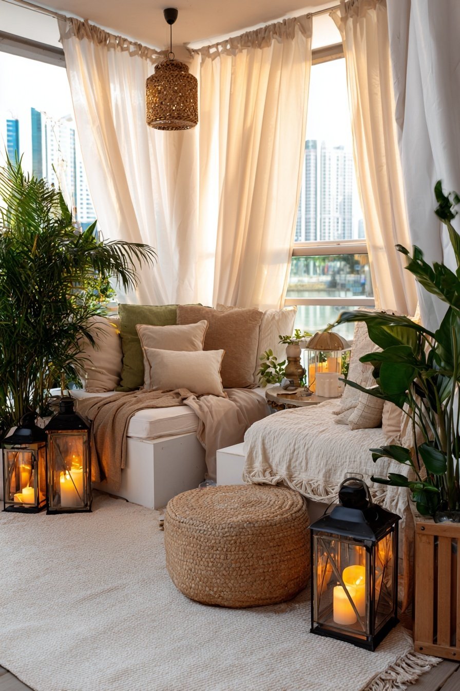 Sitzecke auf dem Balkon mit vielen Kissen, Pflanzen, Laternen und Vorhängen