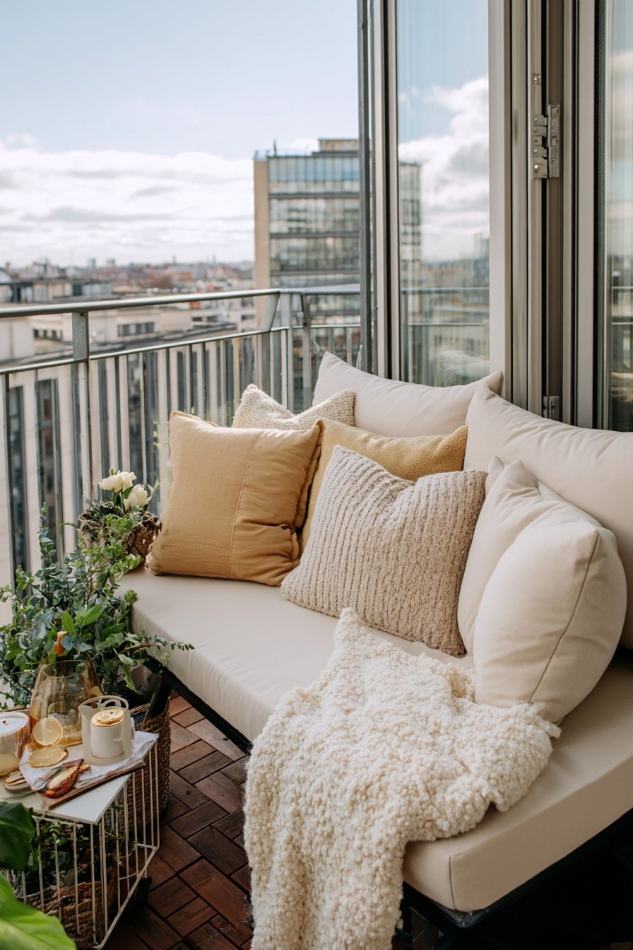 Sofaecke mit Kissen und Decke auf einem städtischen Balkon