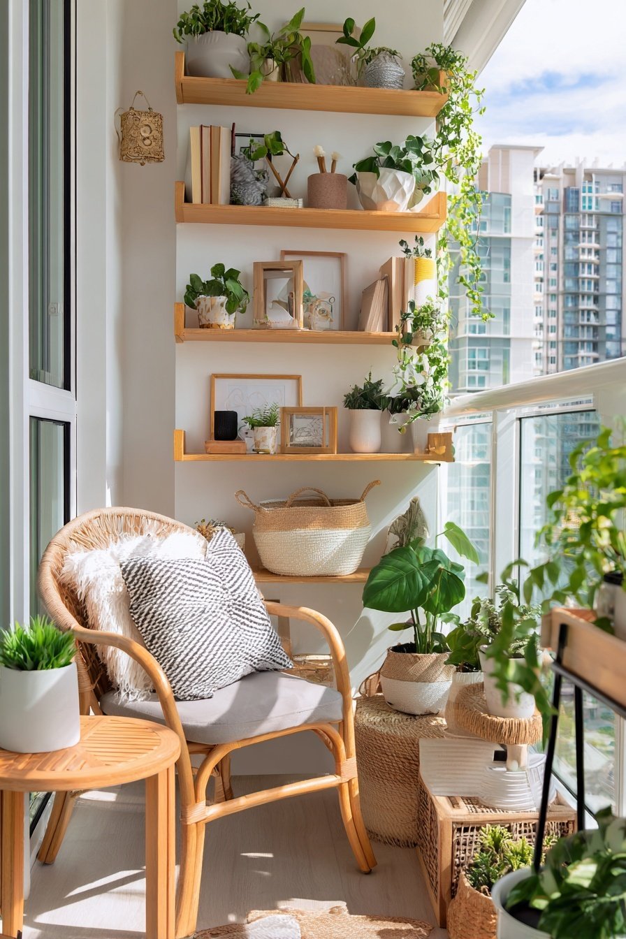 Heller Balkon mit Rattansessel, Pflanzen und Holzregalen