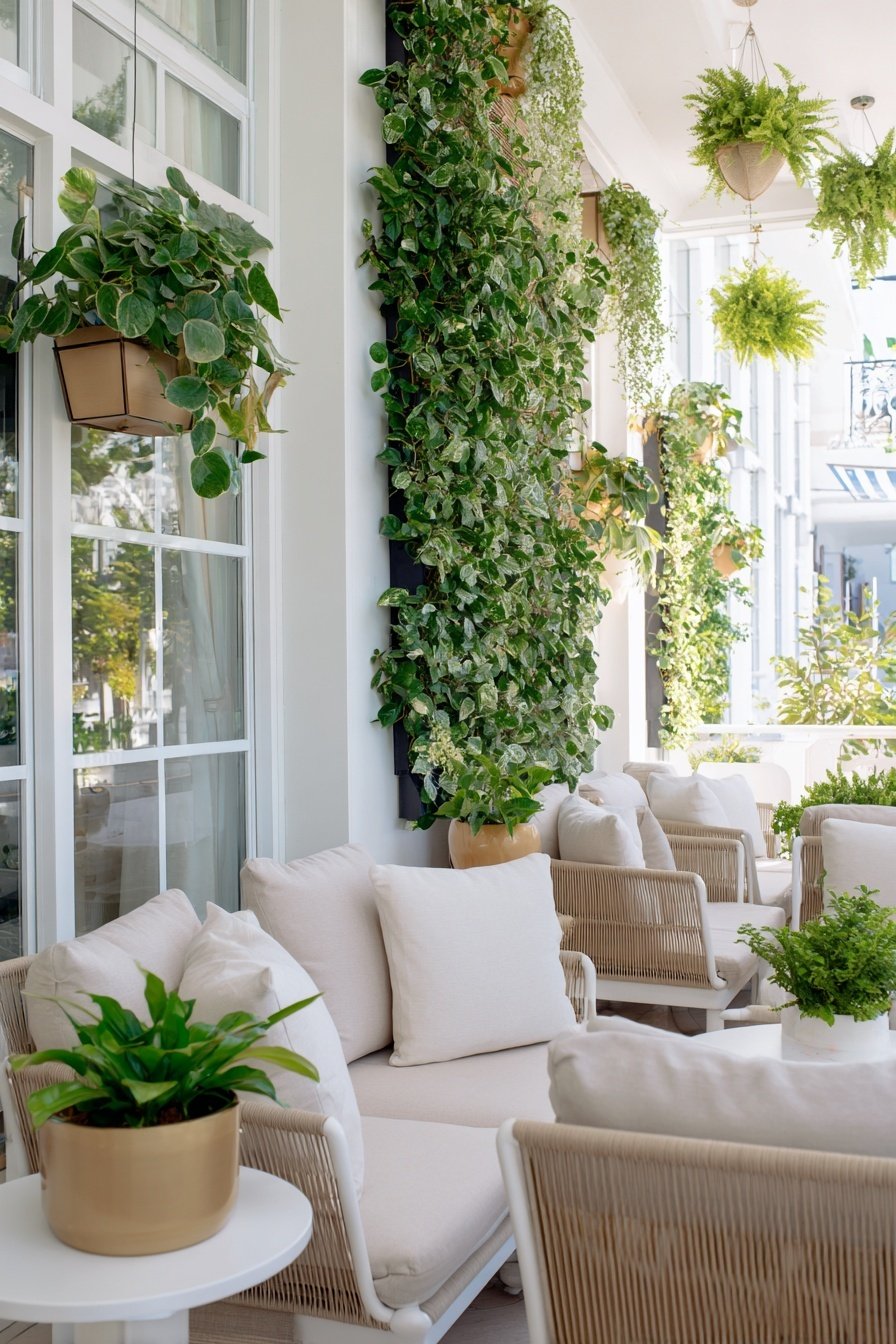 gemütliche Balkon-Sitzecke mit hellen Polstern und vielen Grünpflanzen