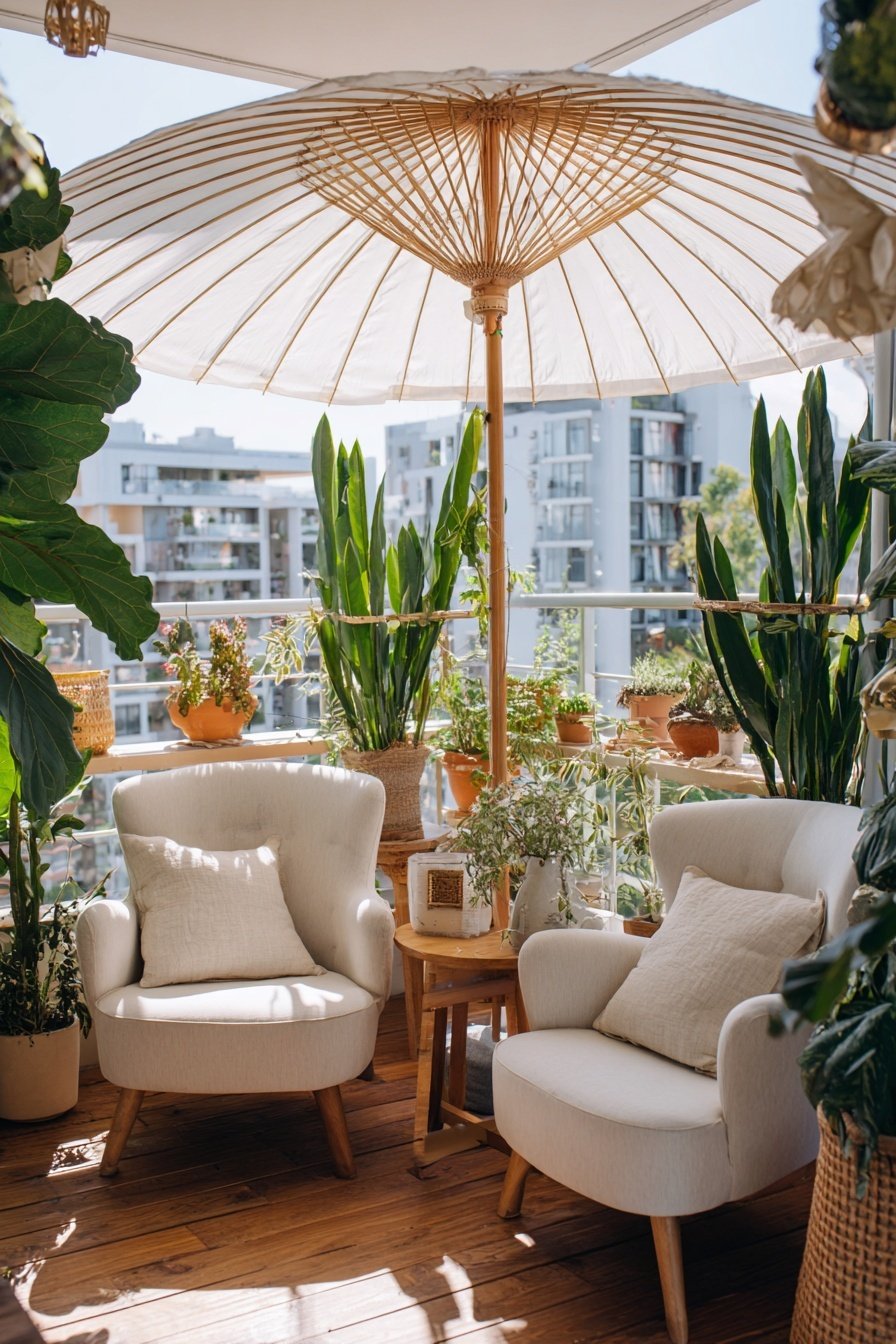 Zwei gemütliche Sessel mit Kissen unter einem Sonnenschirm, umgeben von vielen grünen Pflanzen auf einem Balkon