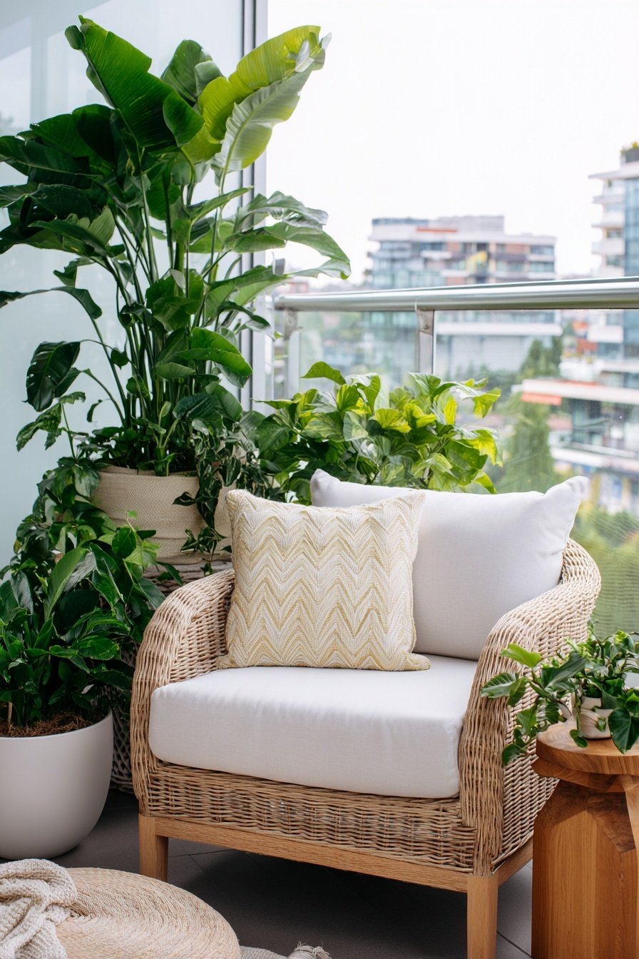 Gemütliche Sitzecke auf dem Balkon mit Rattanstuhl, Kissen und vielen tropischen Pflanzen