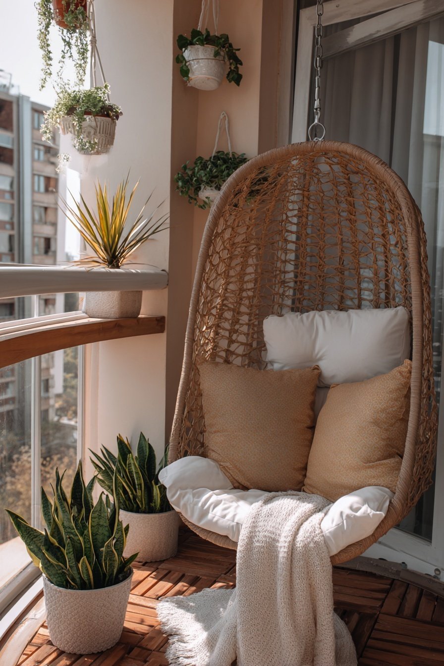 Balkon mit Hängekorb-Stuhl, Kissen, Decke und grünen Pflanzen