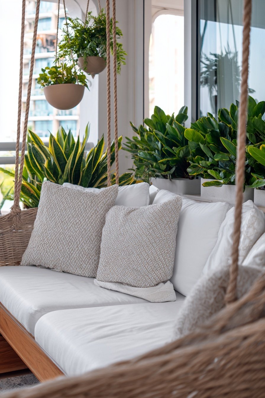 Hängesofa auf Balkon mit weißen Kissen und vielen grünen Pflanzen