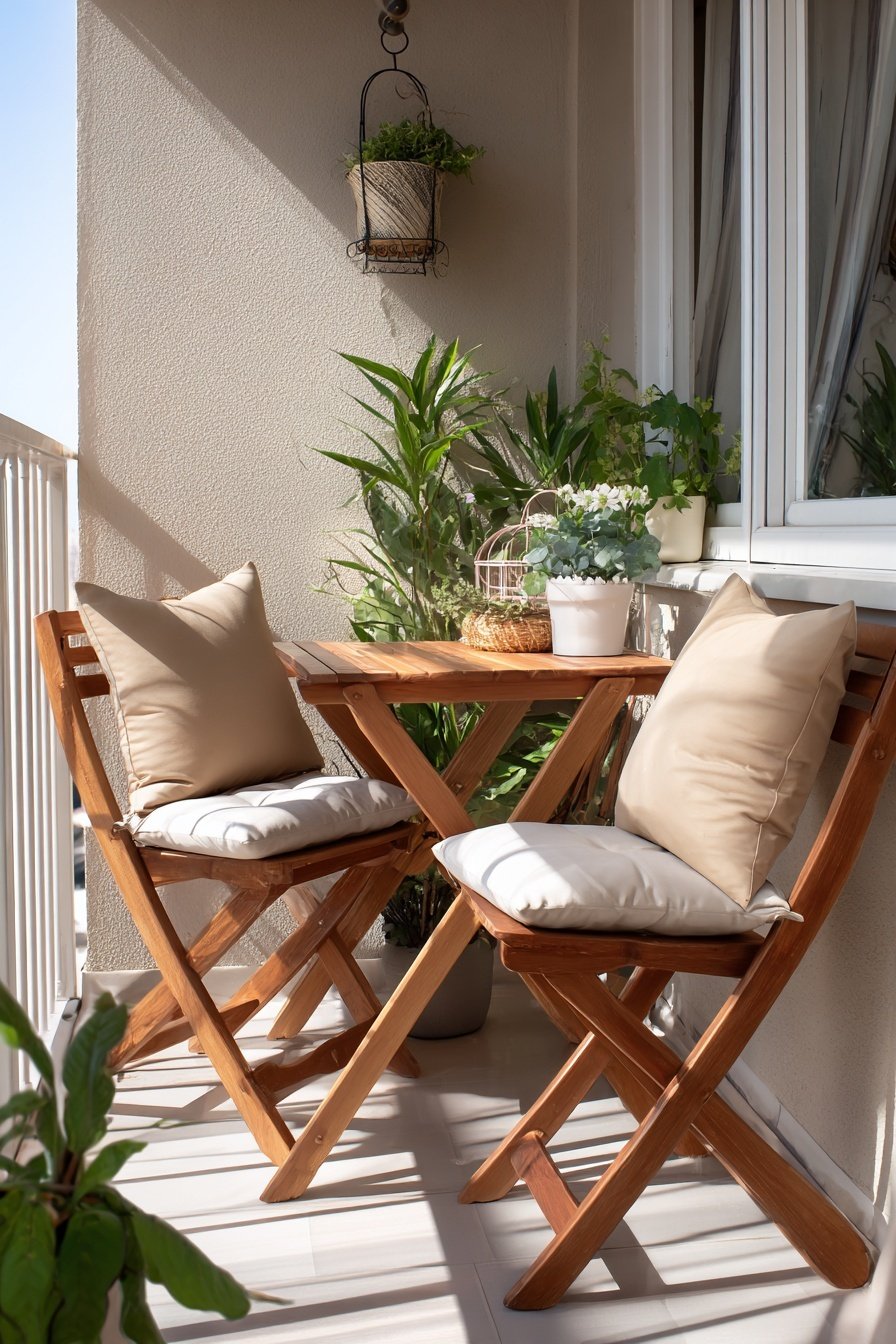 Zwei Holzstühle mit Kissen und ein kleiner Balkontisch mit Pflanzen