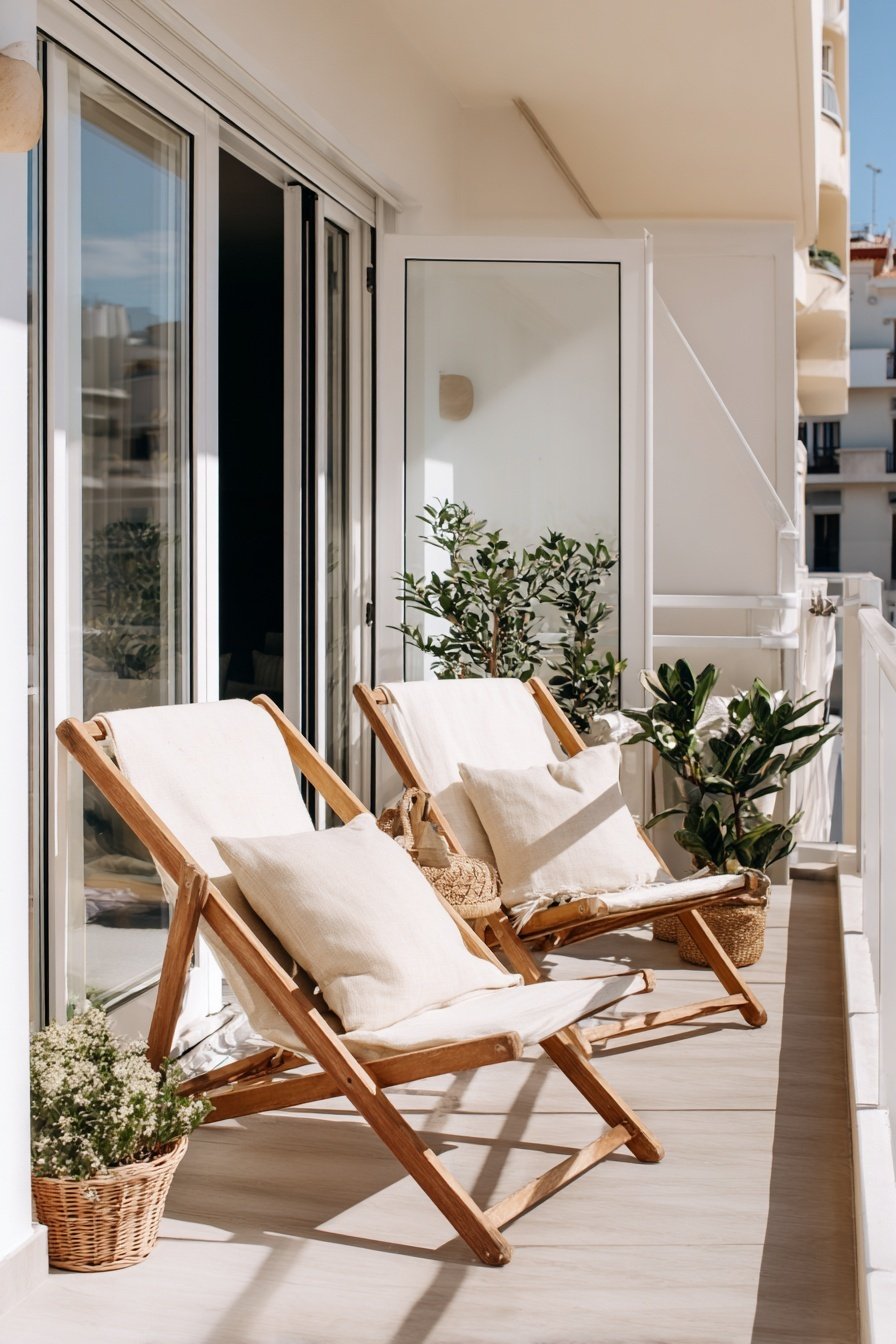 Zwei Holz-Liegestühle mit Kissen auf einem sonnigen Balkon mit Pflanzen
