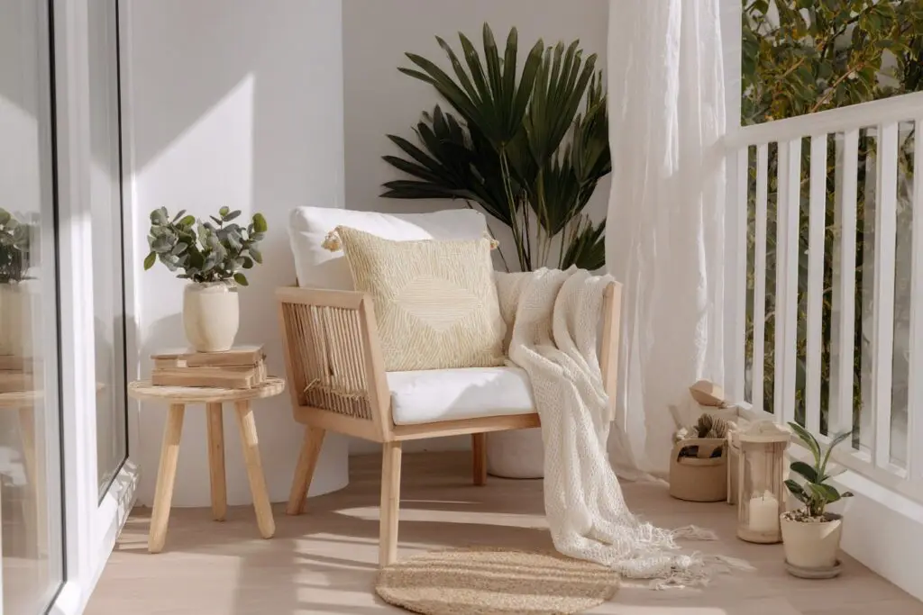 gemütliche Sitzecke auf einem Balkon mit Sessel, Kissen, Decke und Pflanzen