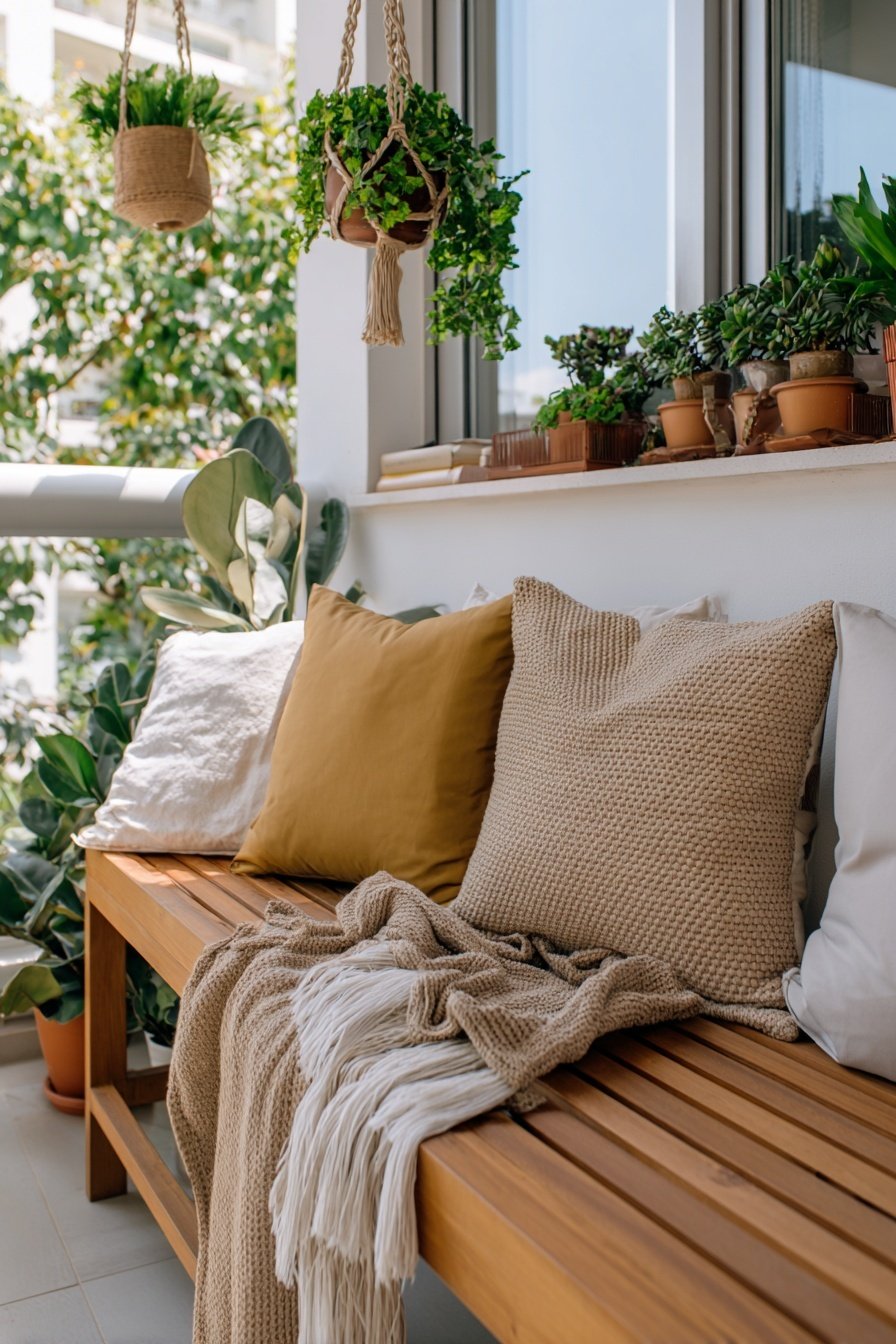 Holzbank mit Kissen und Pflanzen auf einem gemütlichen Balkon