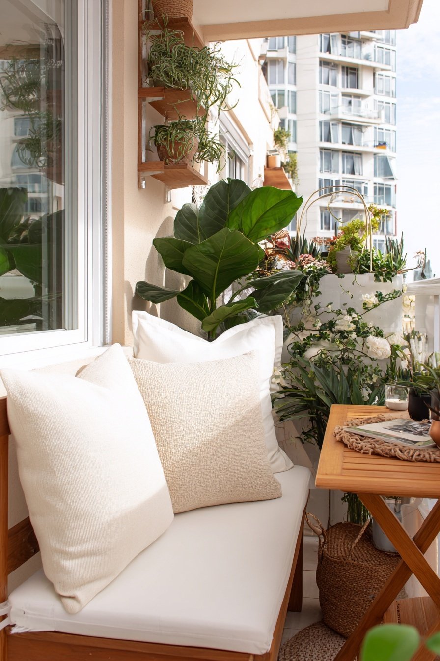 Kleine Sitzecke auf einem Balkon mit Holzmöbeln, Kissen und vielen Pflanzen