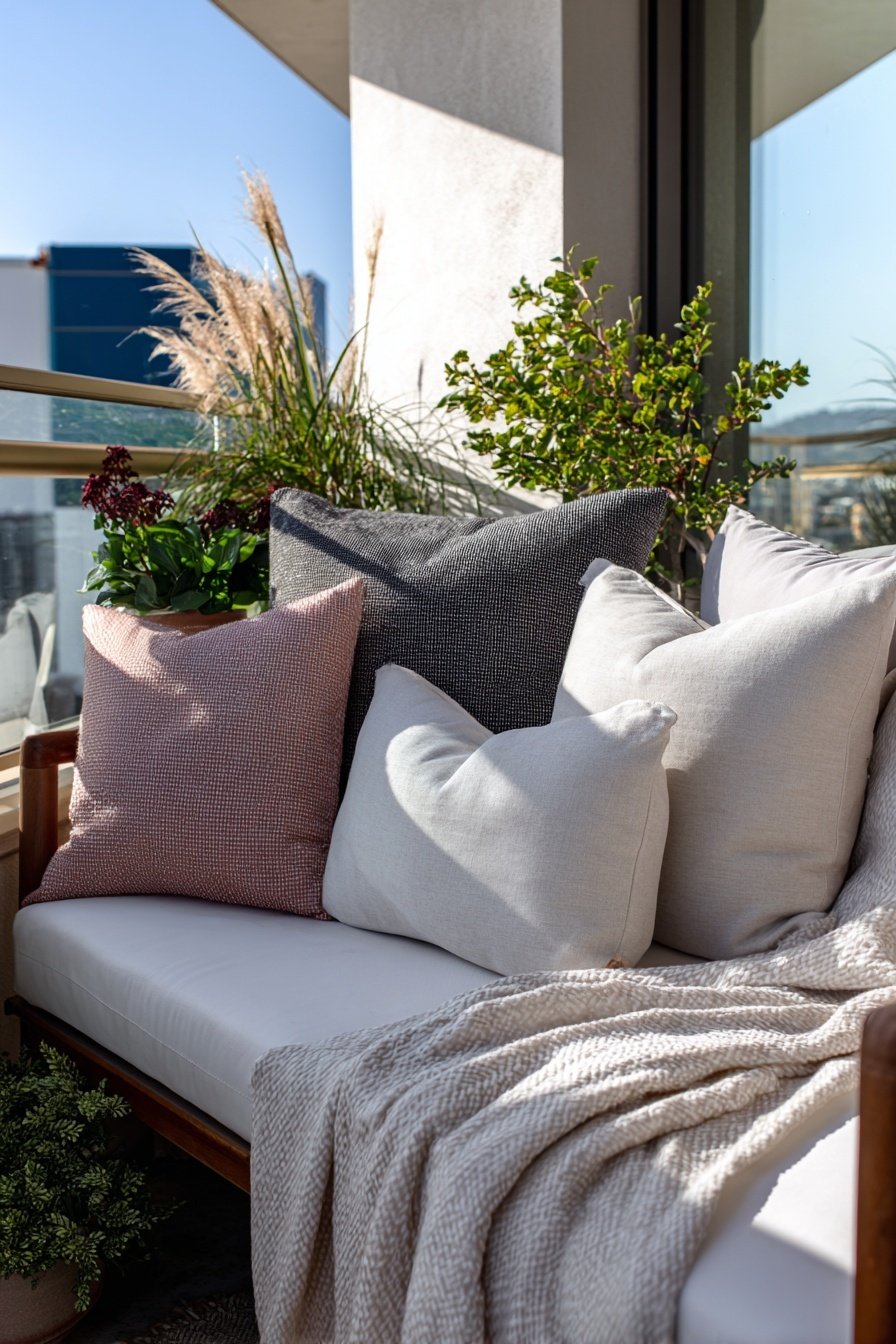 Sitzecke auf dem Balkon mit Kissen, Decke und Pflanzen
