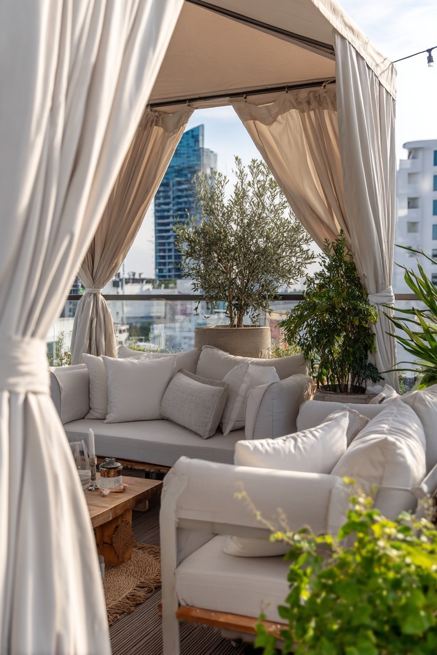 Helle Outdoor-Sitzecke mit beigen Stoffvorhängen und Polstermöbeln auf einem Balkon, umgeben von Pflanzen