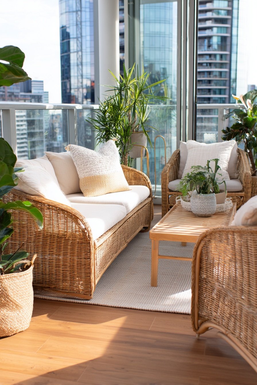 Gemütliche Sitzecke mit Rattanmöbeln und Pflanzen auf einem modernen Balkon