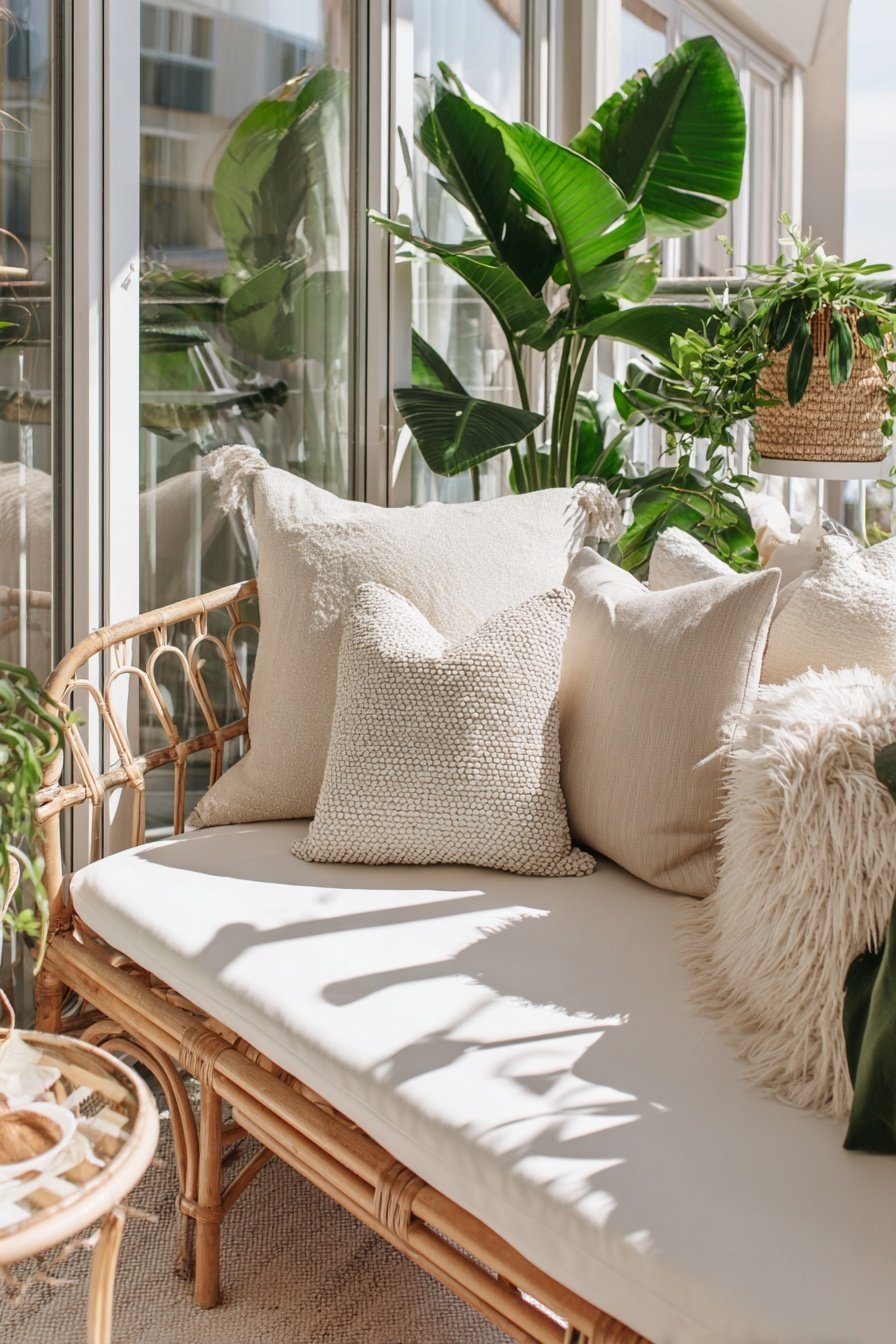 Rattanbank mit beigen Kissen vor bodentiefen Fenstern und vielen Zimmerpflanzen