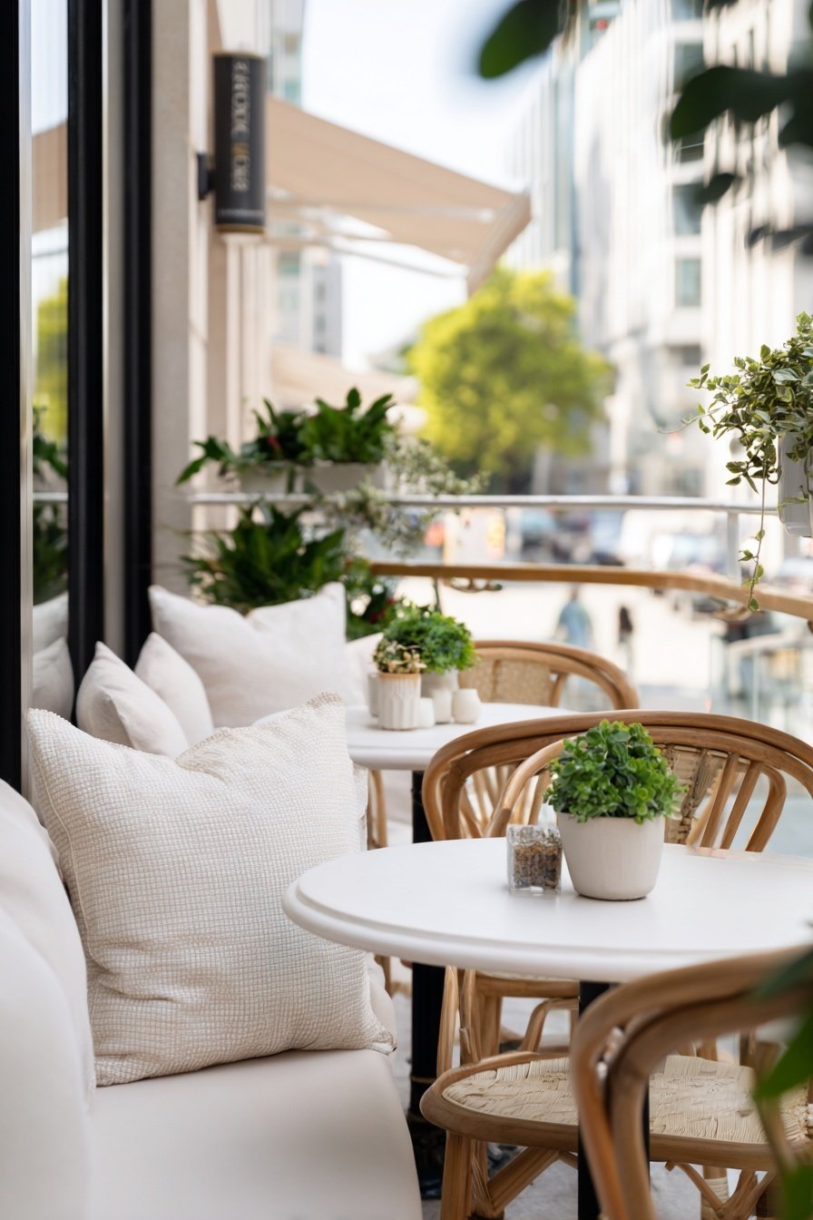 Gemütliche Sitzecke auf dem Balkon mit weißen Kissen, Pflanzen und Rattanstühlen