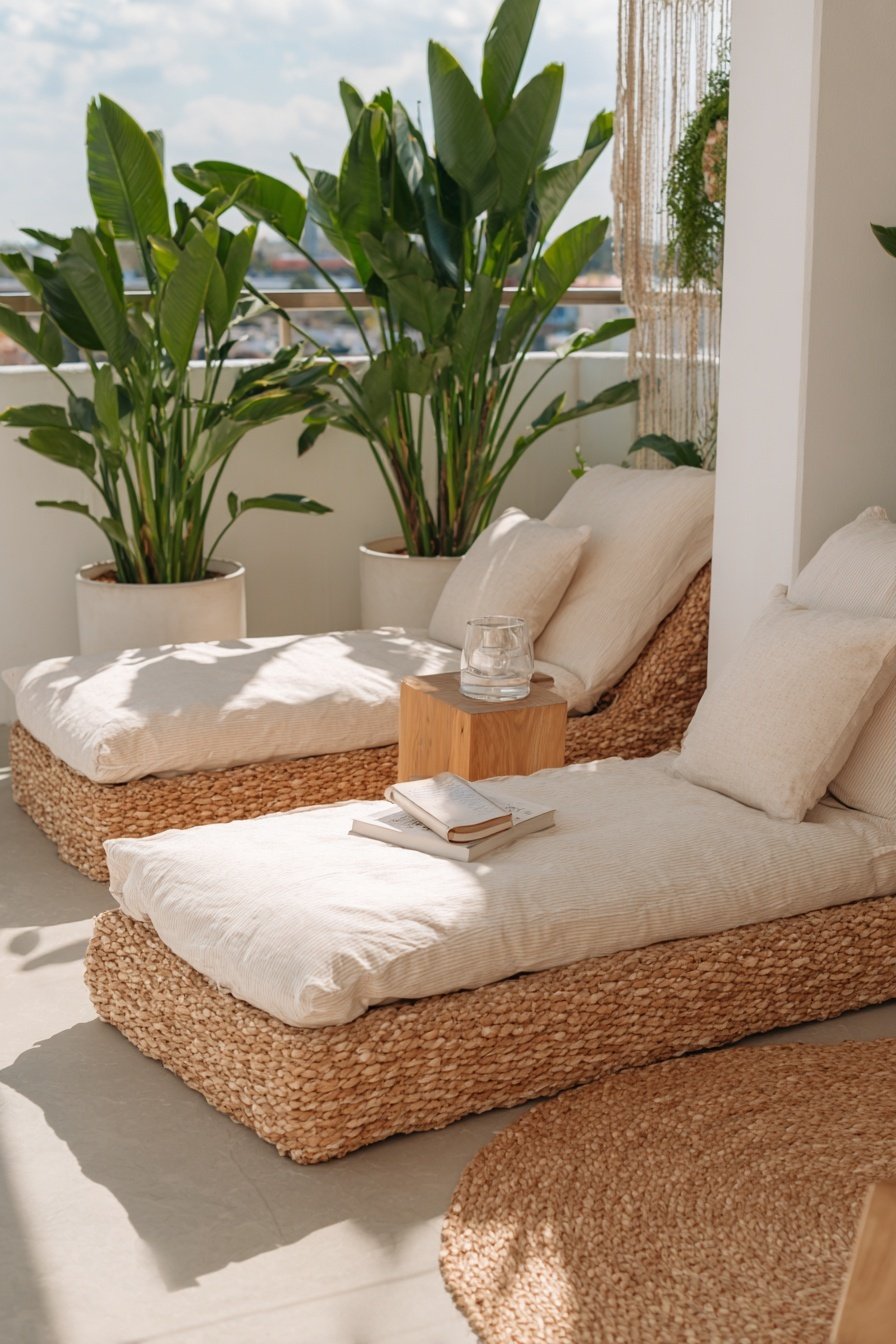 Zwei gemütliche Loungesessel aus Naturmaterialien auf einem Balkon mit Pflanzen