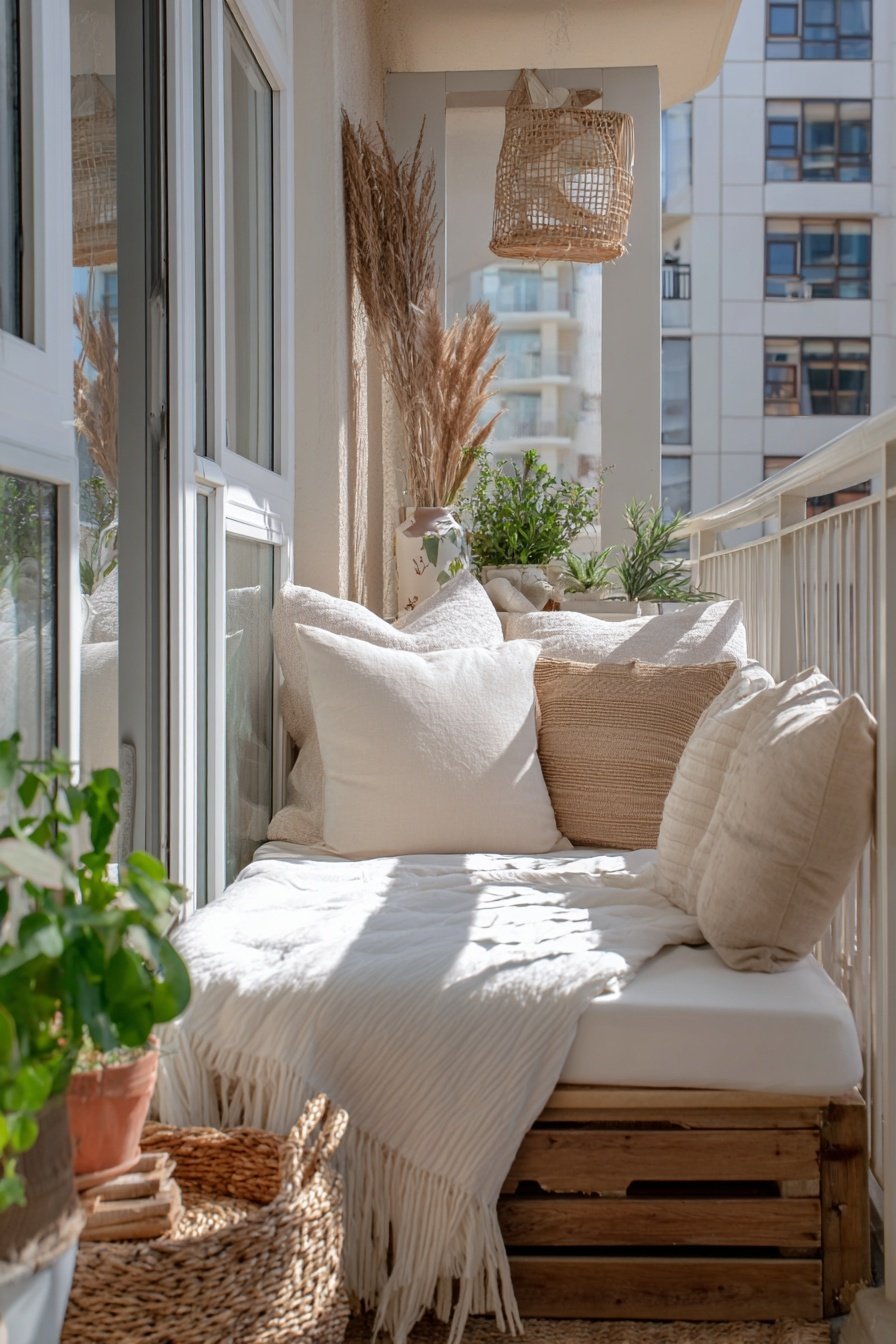 Helle Sitzecke mit Kissen, Decke und Pflanzen auf einem schmalen Balkon.