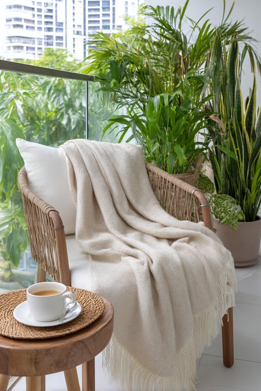 Ein gemütlicher Balkonstuhl mit Decke neben einem Holztisch mit einer Tasse Tee, umgeben von Zimmerpflanzen
