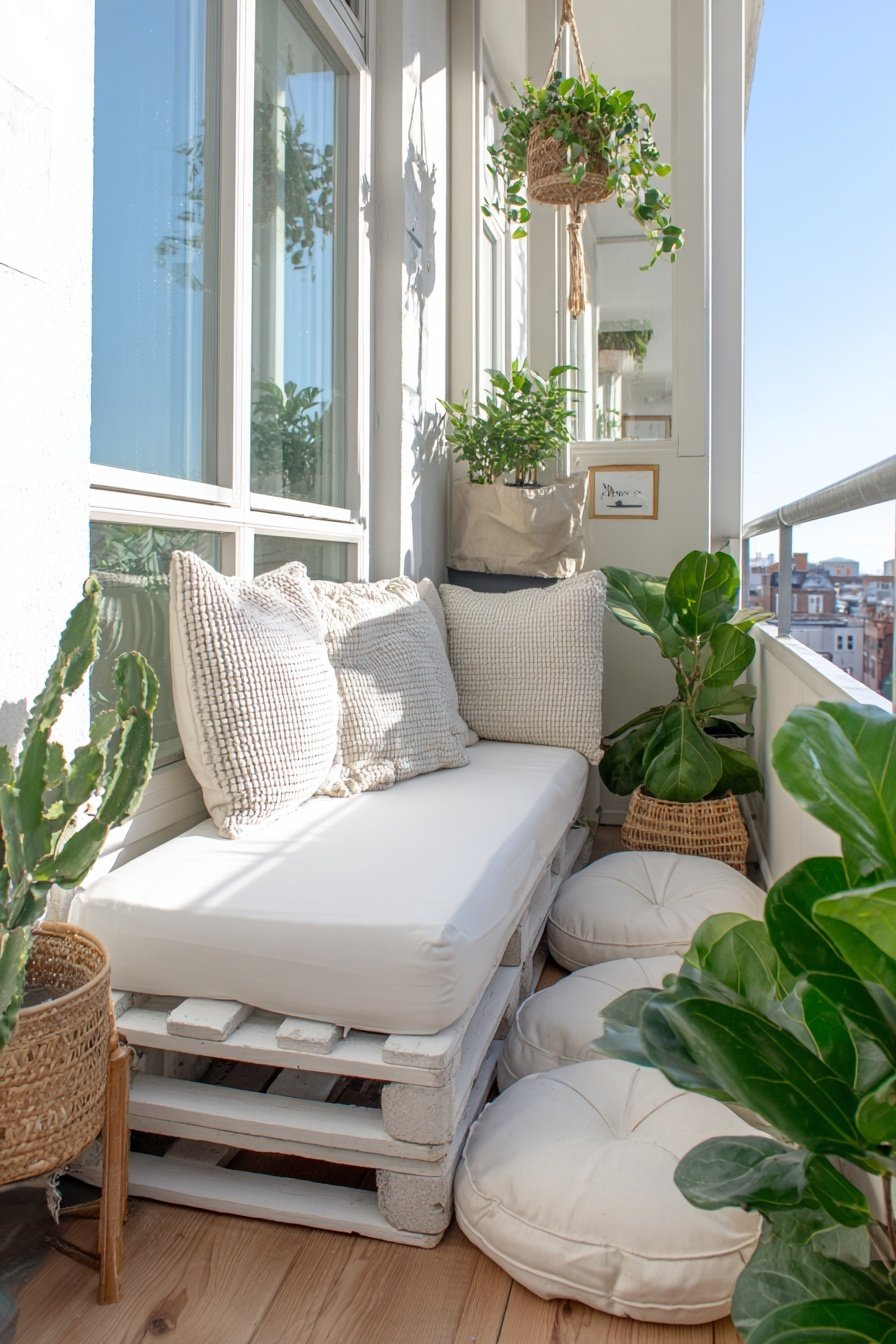 kleine Balkon-Sitzecke mit Paletten, Pflanzen und Kissen