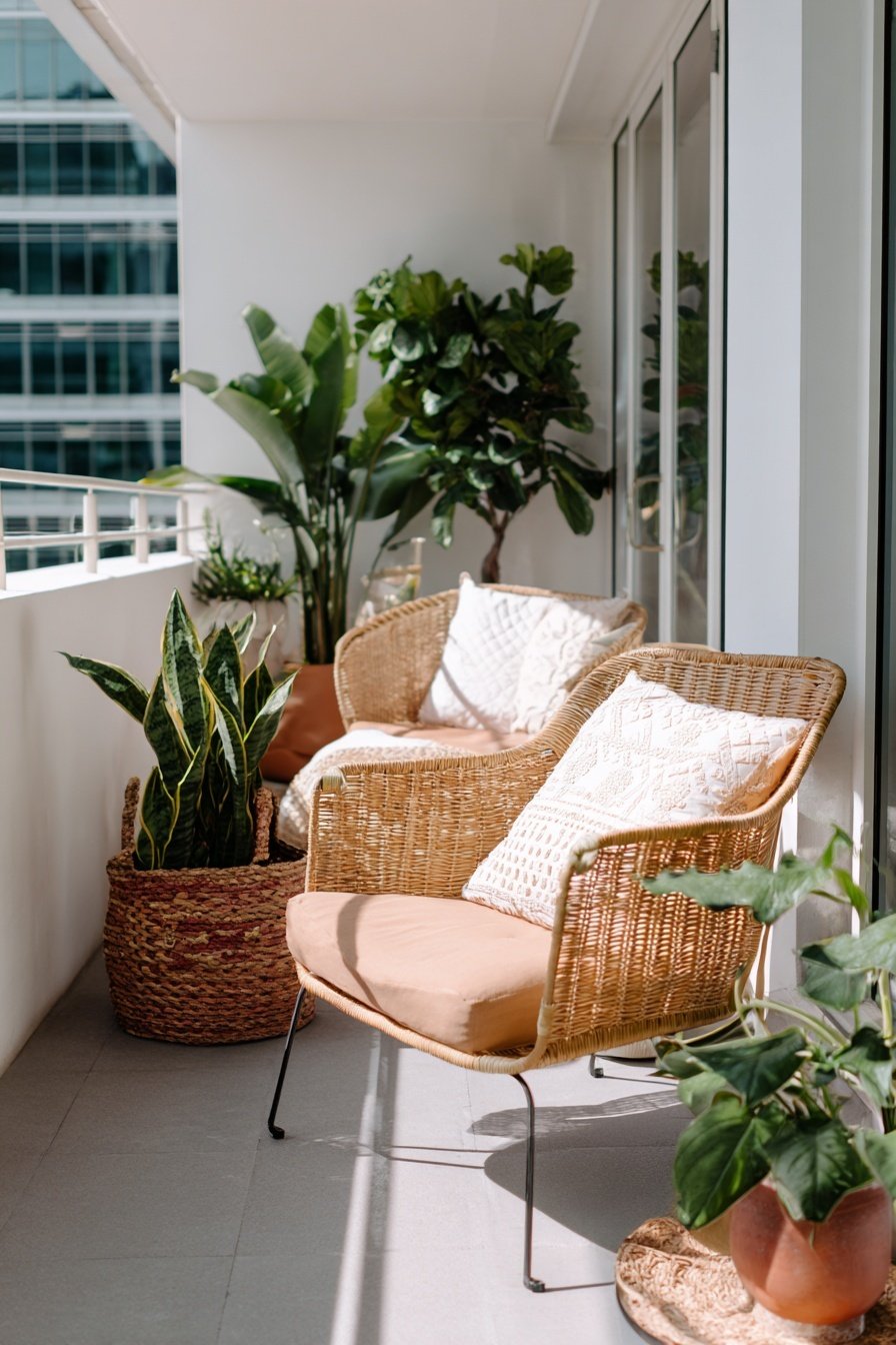 Zwei gemütliche Rattansessel mit Kissen und vielen Pflanzen auf einem sonnigen Balkon