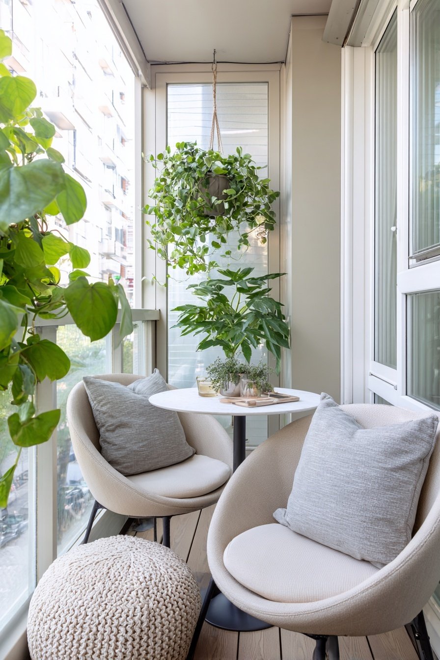 Zwei runde Sessel mit Kissen und kleinem Tisch, umgeben von Pflanzen auf einem Balkon