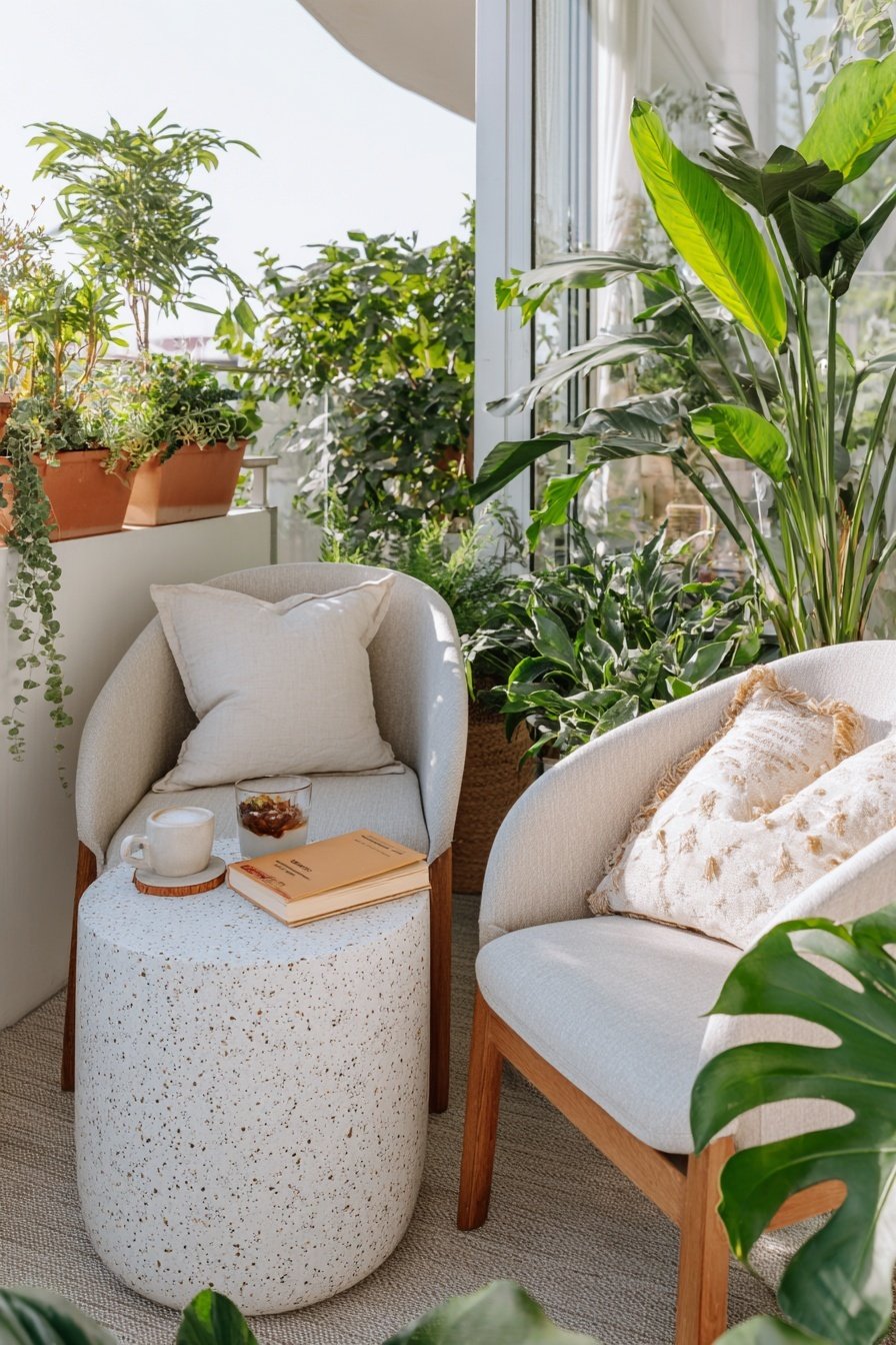 Zwei helle Lounge-Sessel mit Beistelltisch auf einem begrünten Balkon