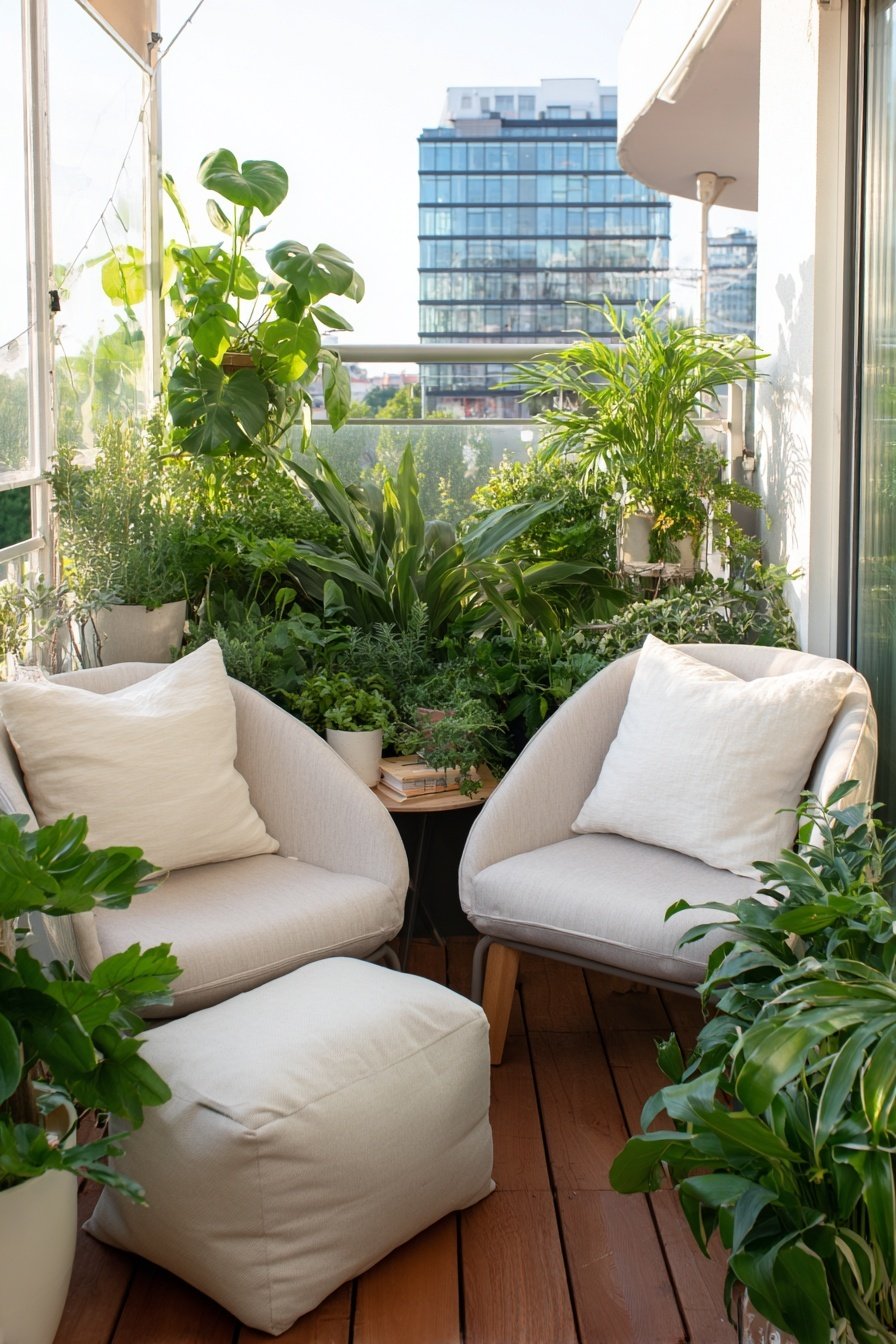 Zwei gemütliche Sessel auf einem kleinen Balkon, umgeben von vielen grünen Pflanzen