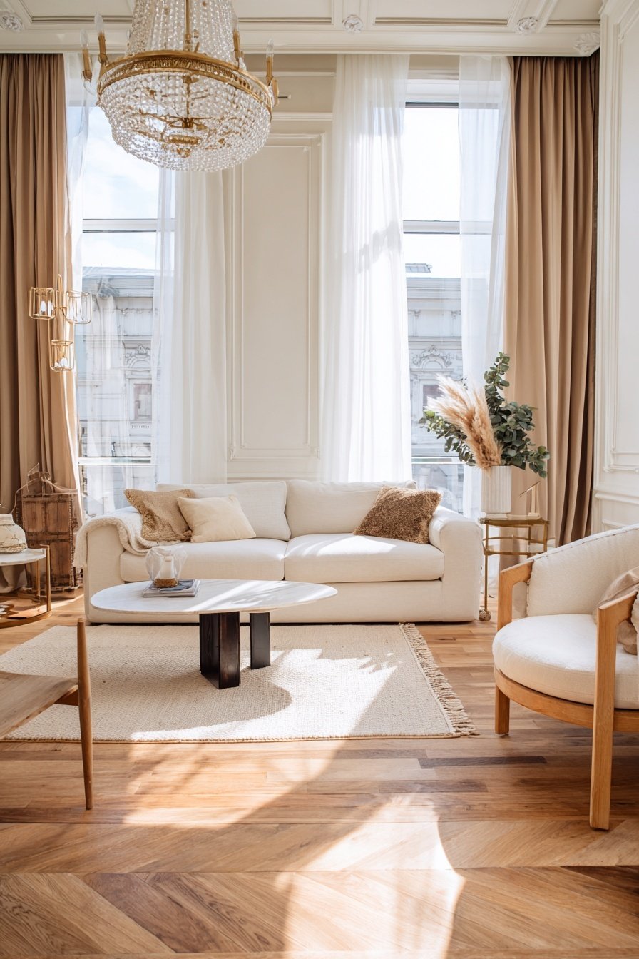 helles Wohnzimmer mit beiger Wandfarbe, Sofa und eleganter Dekoration