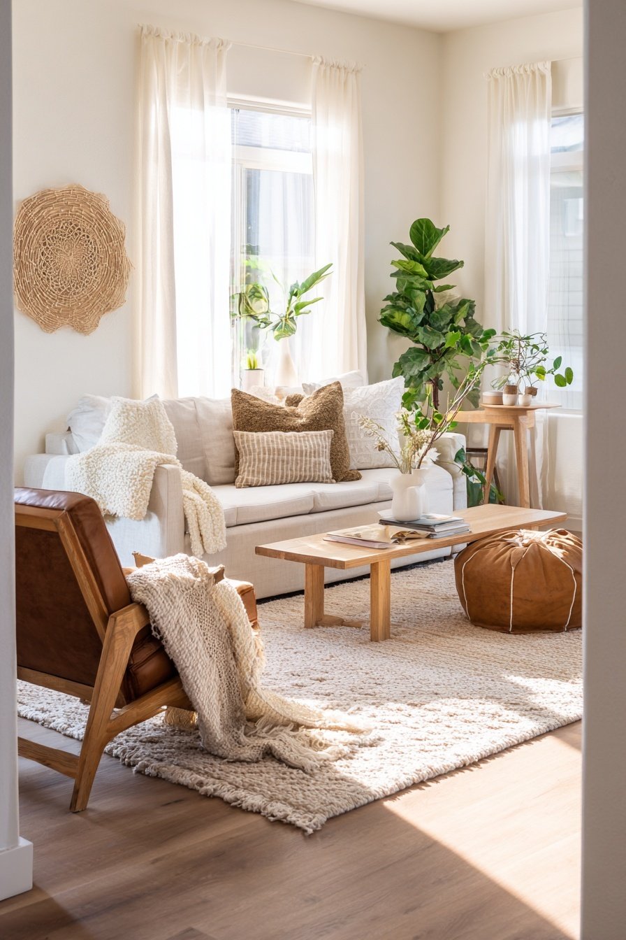 Helles Wohnzimmer mit beiger Wandfarbe, Holzmöbeln und Pflanzen