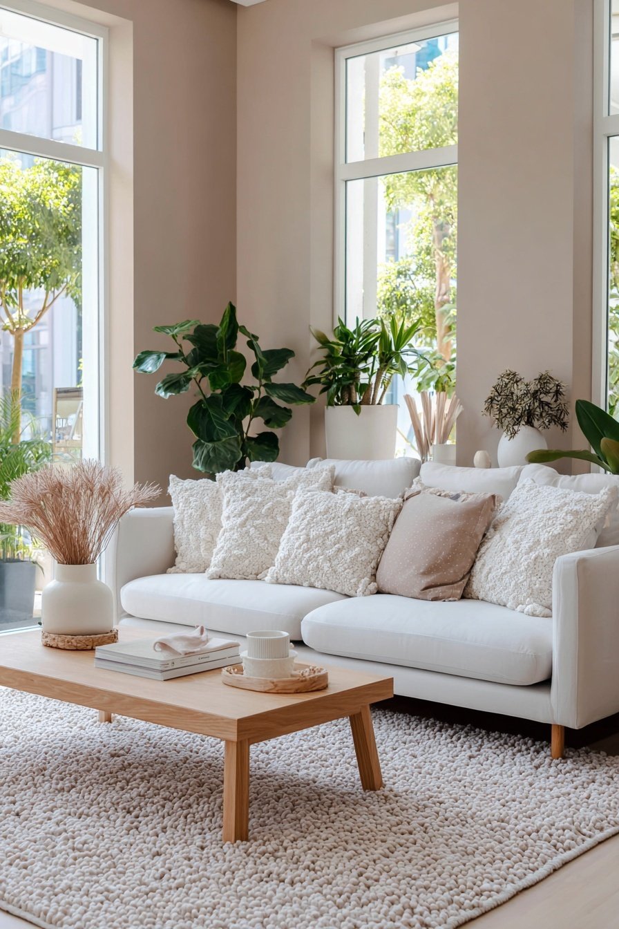 Modernes Wohnzimmer mit beiger Wandfarbe, weißen Möbeln und vielen Zimmerpflanzen