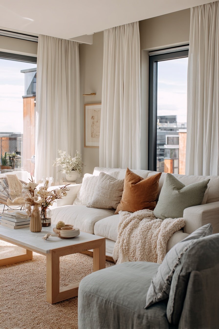 Helles Wohnzimmer mit beiger Wandfarbe, gemütlicher Sofaecke und Naturdeko