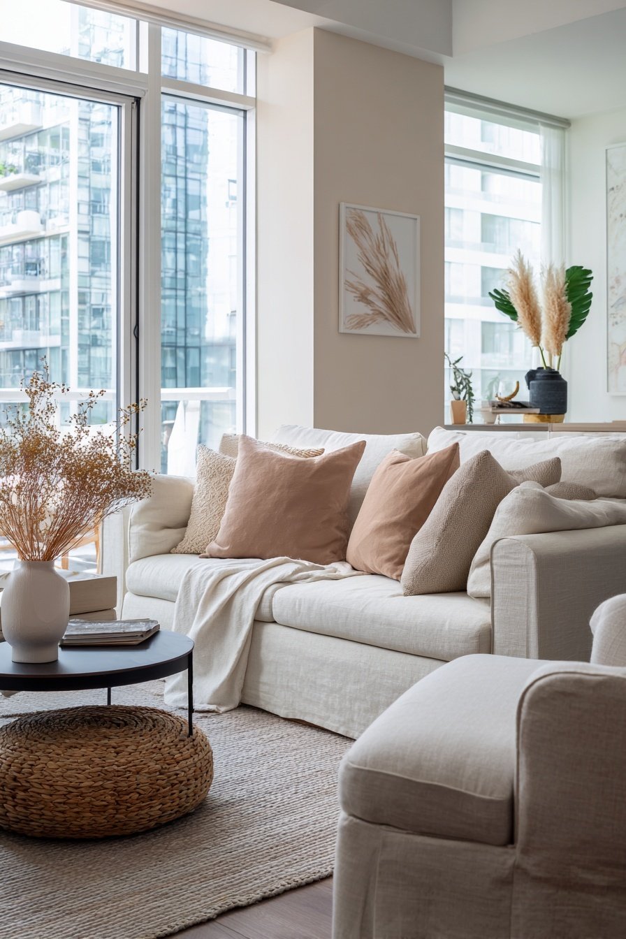 Helles Wohnzimmer mit beige gestrichener Wand, cremefarbenem Sofa und natürlicher Dekoration