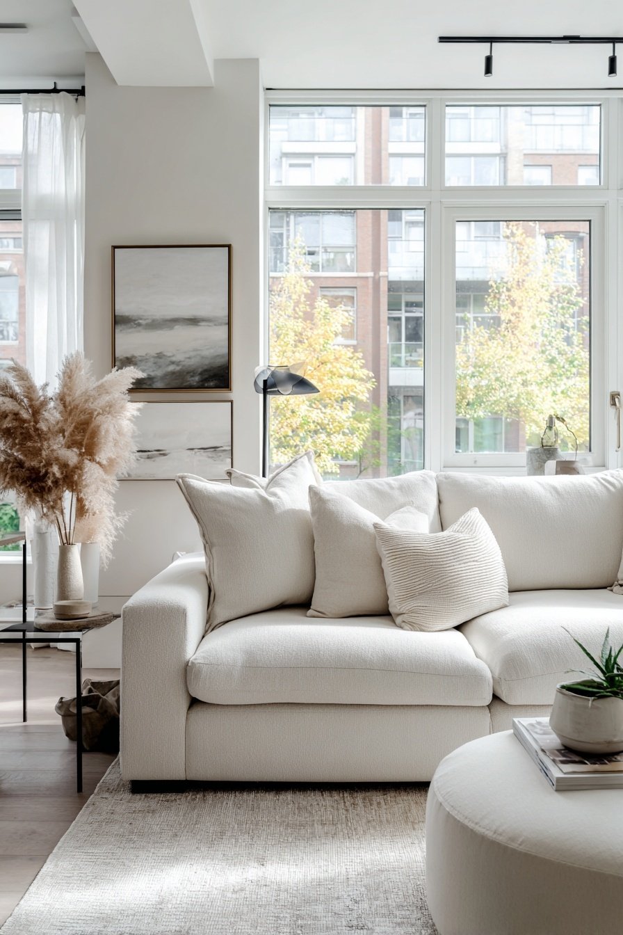 Modernes Wohnzimmer in warmem Beige mit Naturdeko und Sofalandschaft