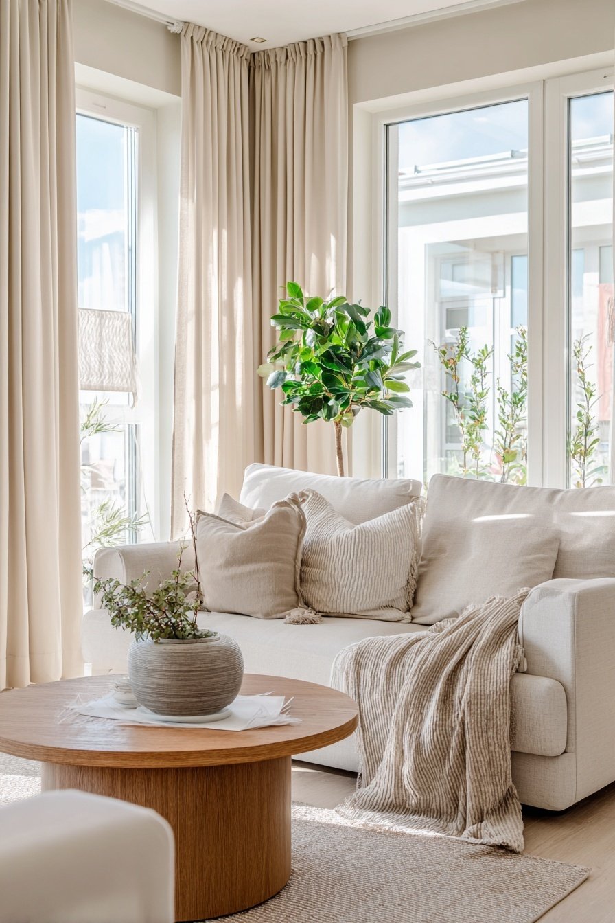 Helles Wohnzimmer mit beiger Wandfarbe, beiger Couch, Holztisch und Zimmerpflanze