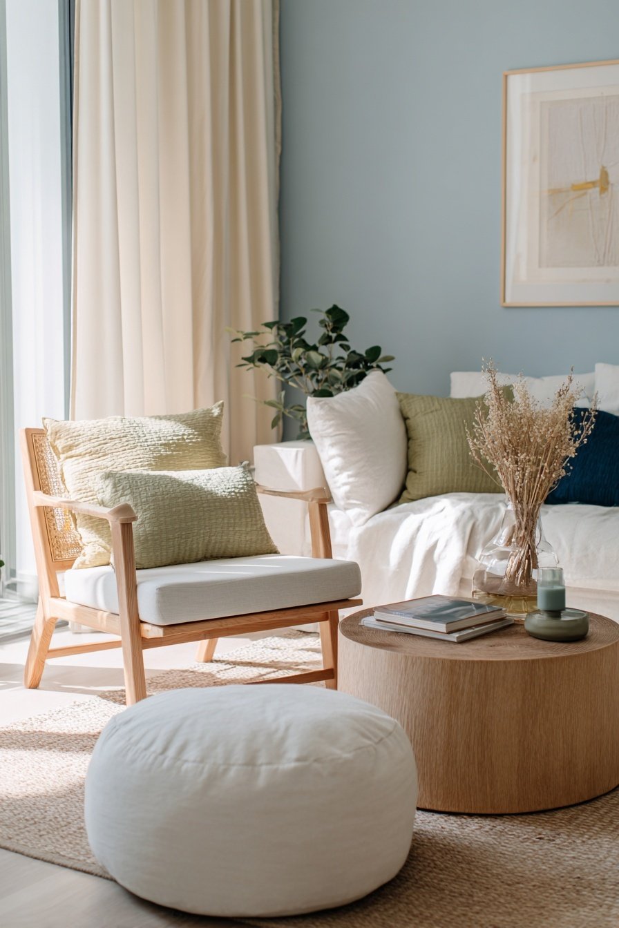 Helles Wohnzimmer mit blauer Wandfarbe, Naturmaterialien und minimalistischer Deko