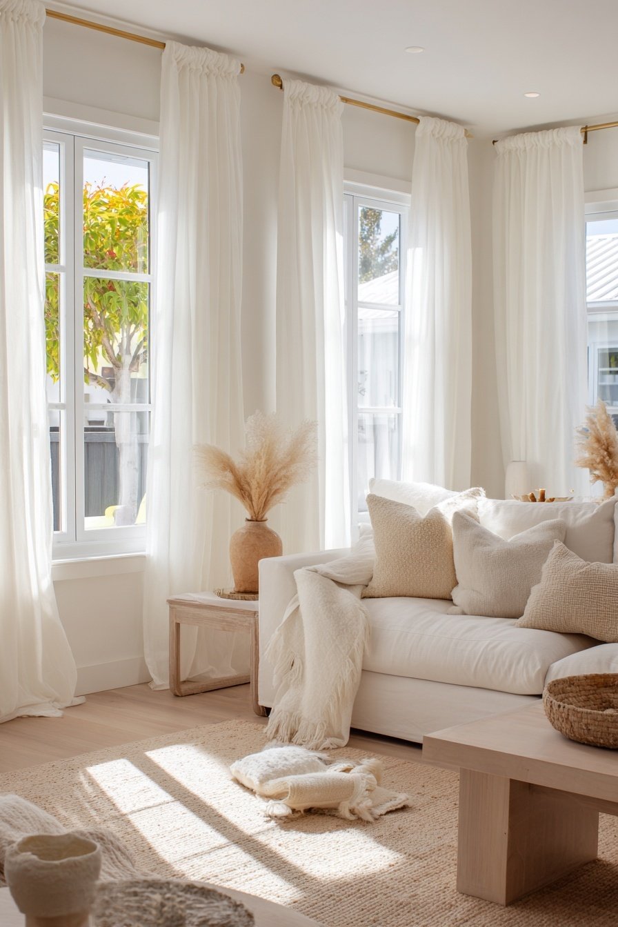 Helles Wohnzimmer mit cremefarbener Wandfarbe, weißen Vorhängen und Naturdeko