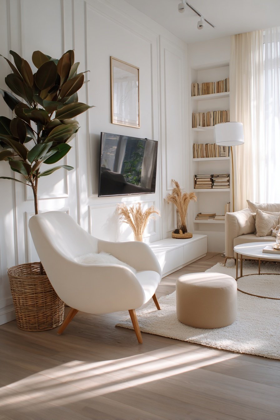 Helles Wohnzimmer mit cremeweißen Wänden, beigem Sessel, Trockenblumen und natürlicher Deko