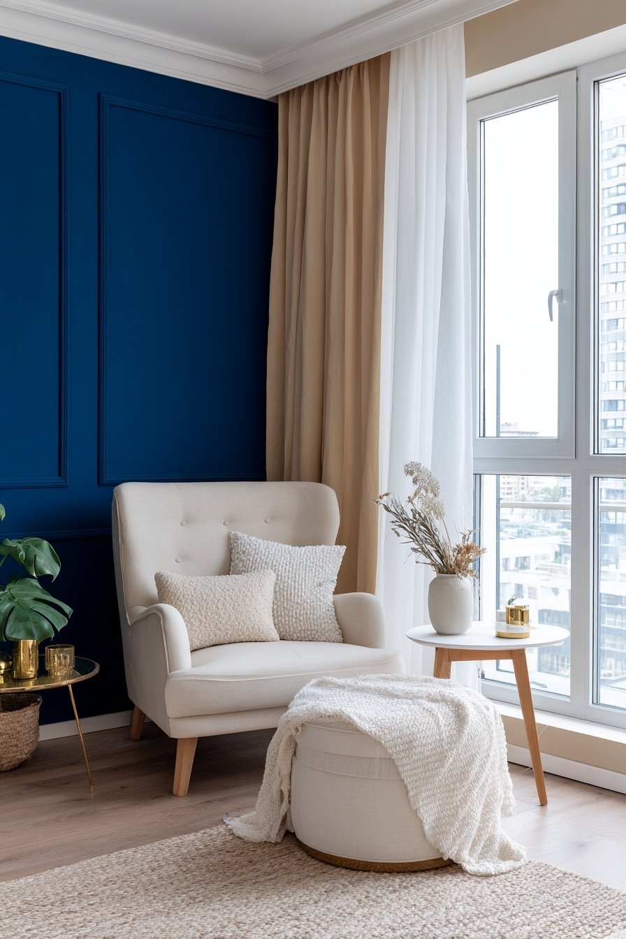 Beigefarbene Sitzgruppe vor dunkelblauer Wand im modernen Wohnzimmer