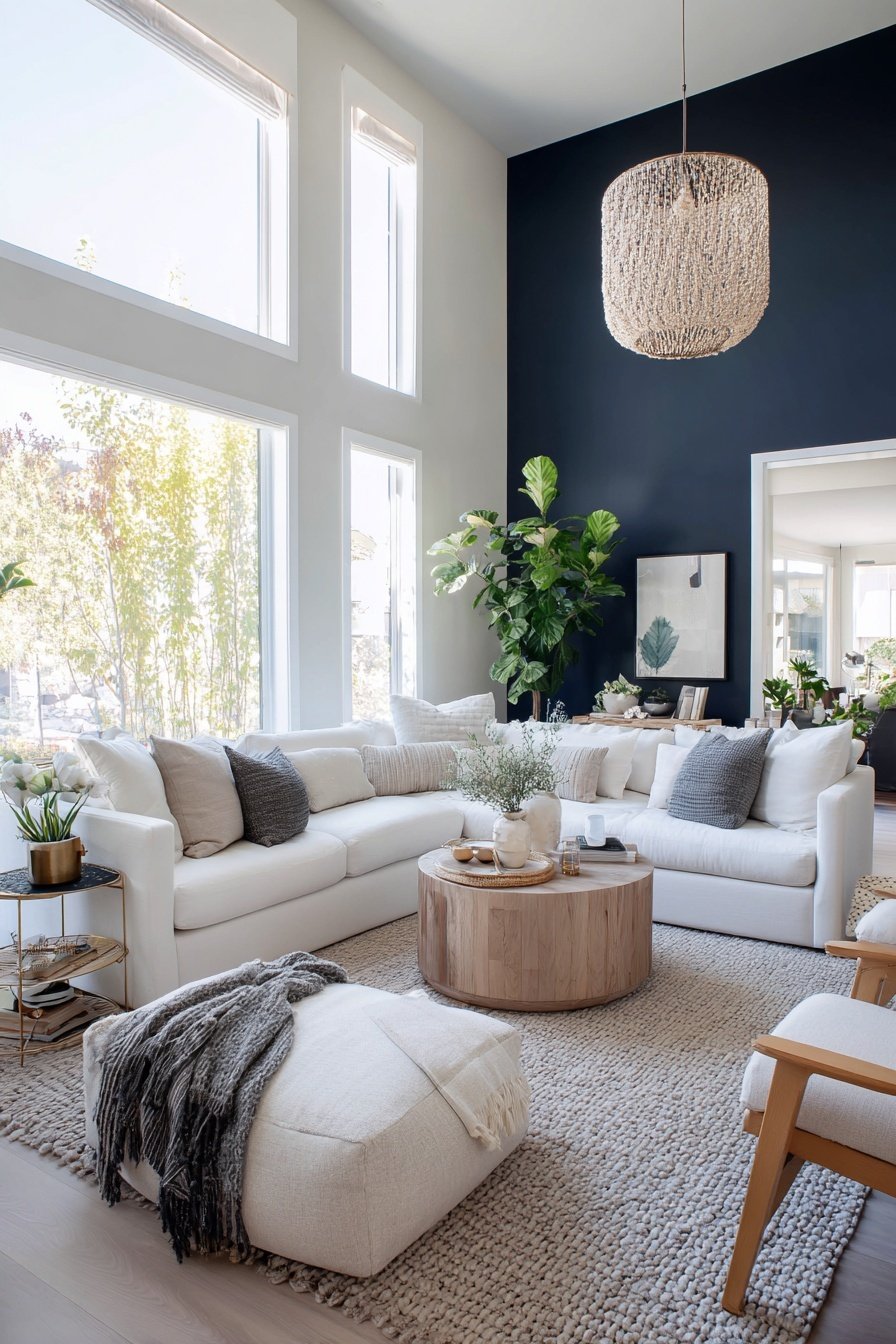 Helles Wohnzimmer mit dunkelblauer Akzentwand, weißen Möbeln und Holzelementen