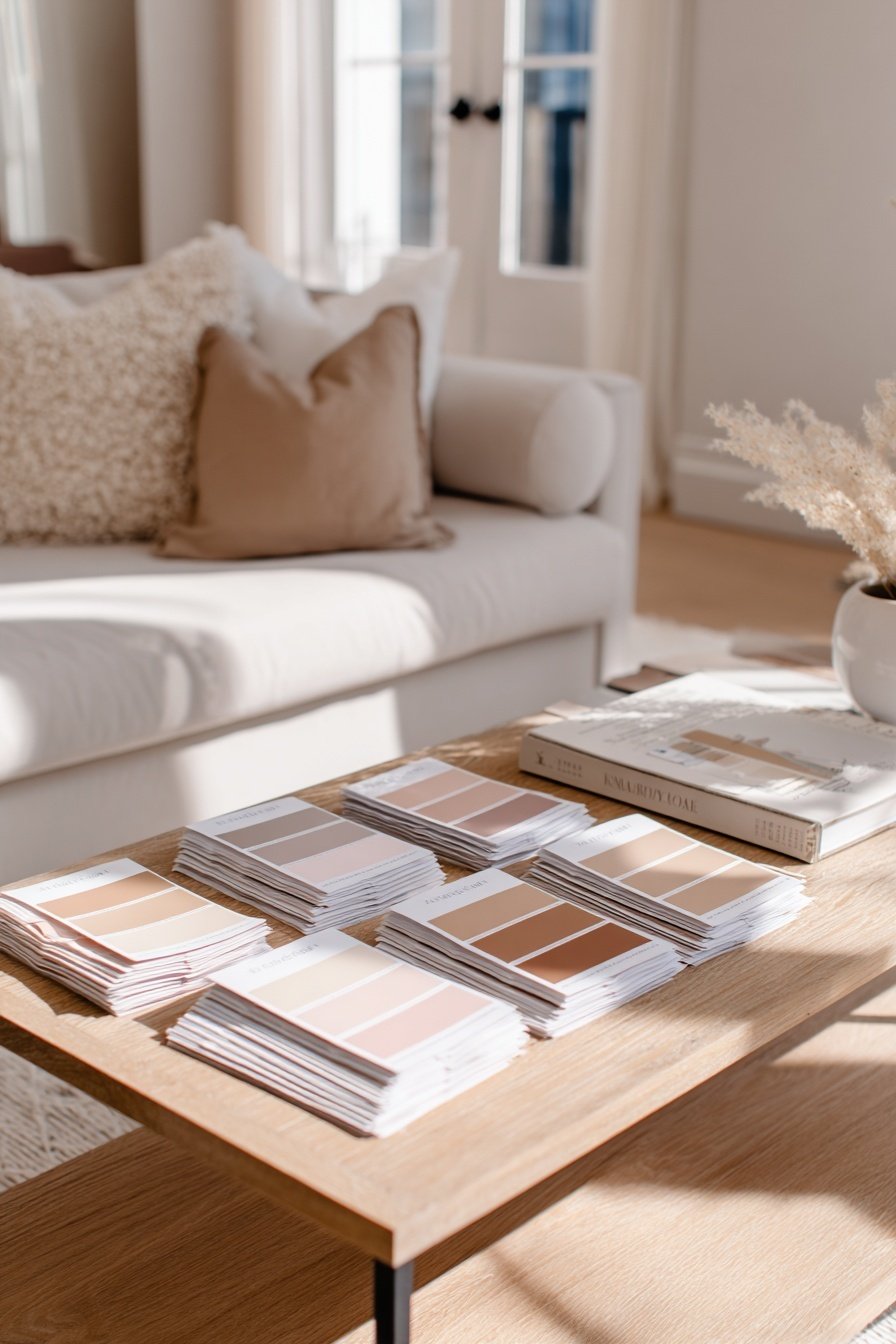 Beige und neutrale Farbmuster auf Couchtisch in hellem Wohnzimmer