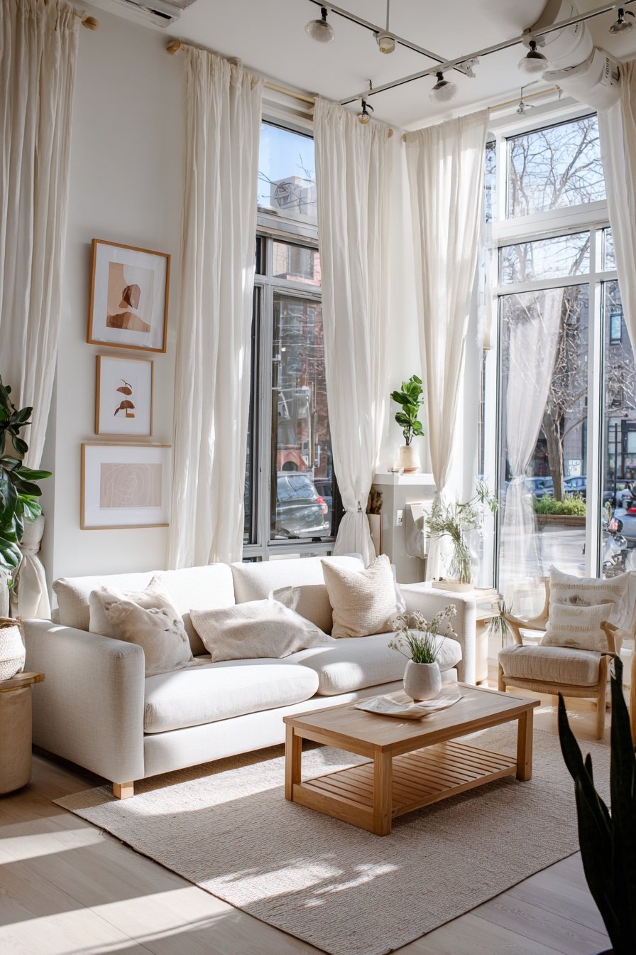 Helles Wohnzimmer mit beigen Wänden, weißen Vorhängen und Naturholzmöbeln