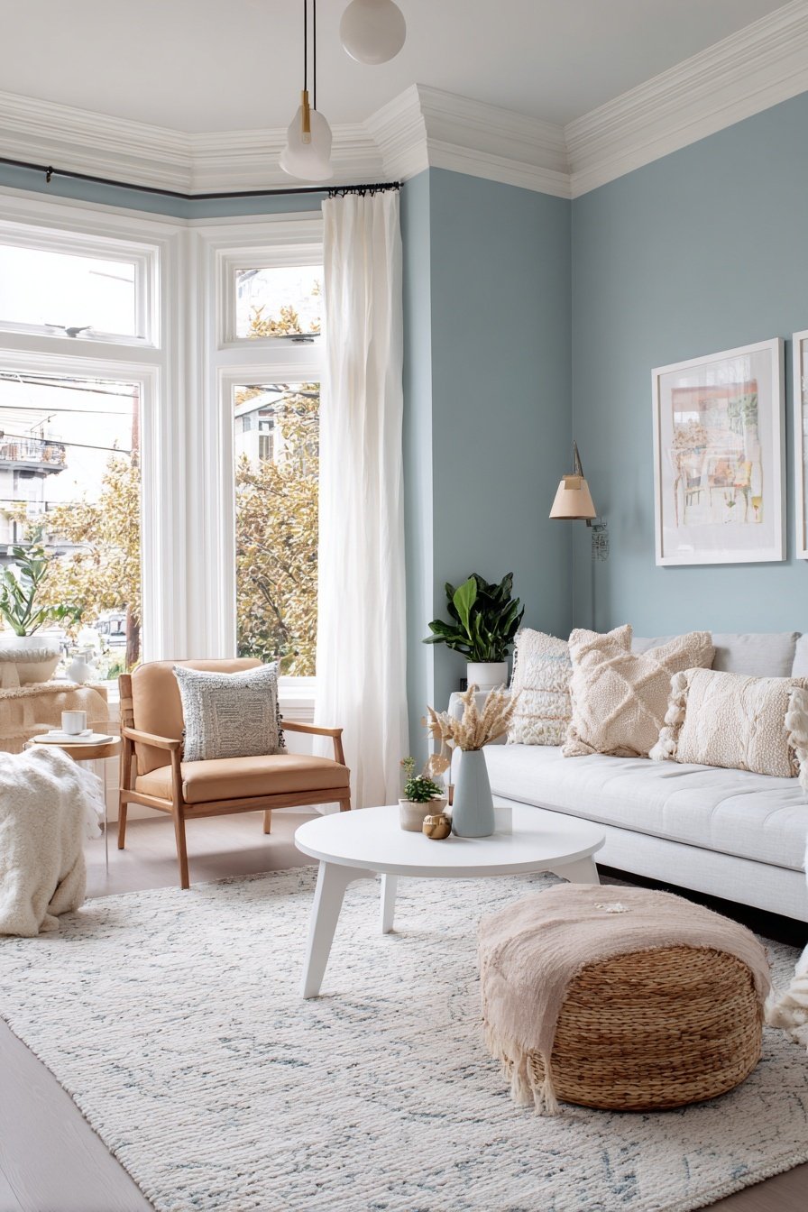 Wohnzimmer mit hellblauer Wandfarbe, weißem Sofa und Naturmaterialien