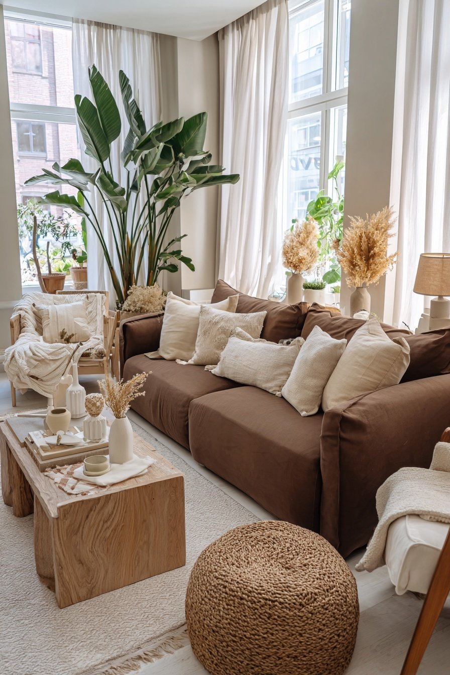 Wohnzimmer in Naturtönen mit braunem Sofa, Holzdeko und großen Grünpflanzen